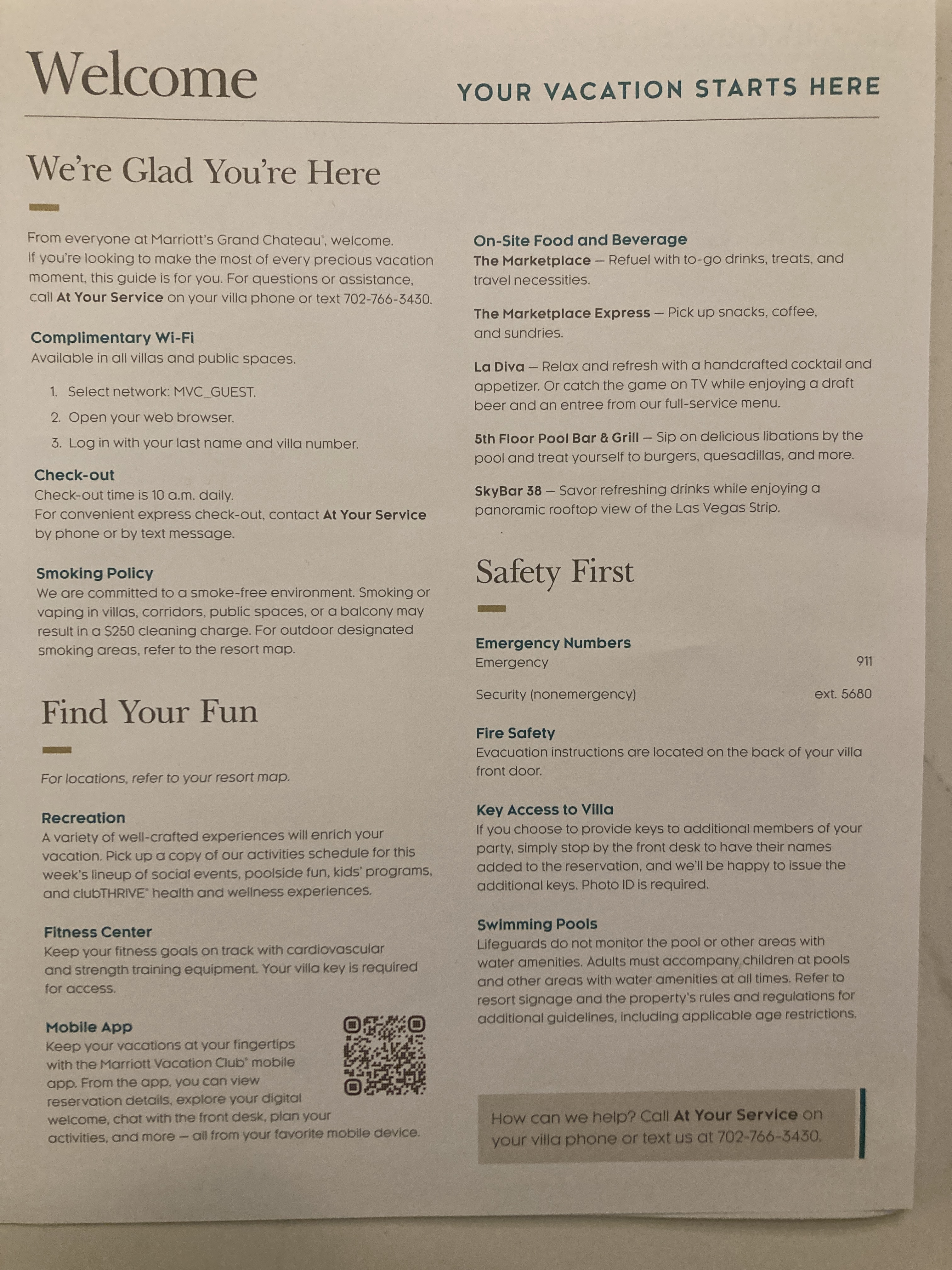 Marriotts Grand Chateau Las Vegas welcome packet letter