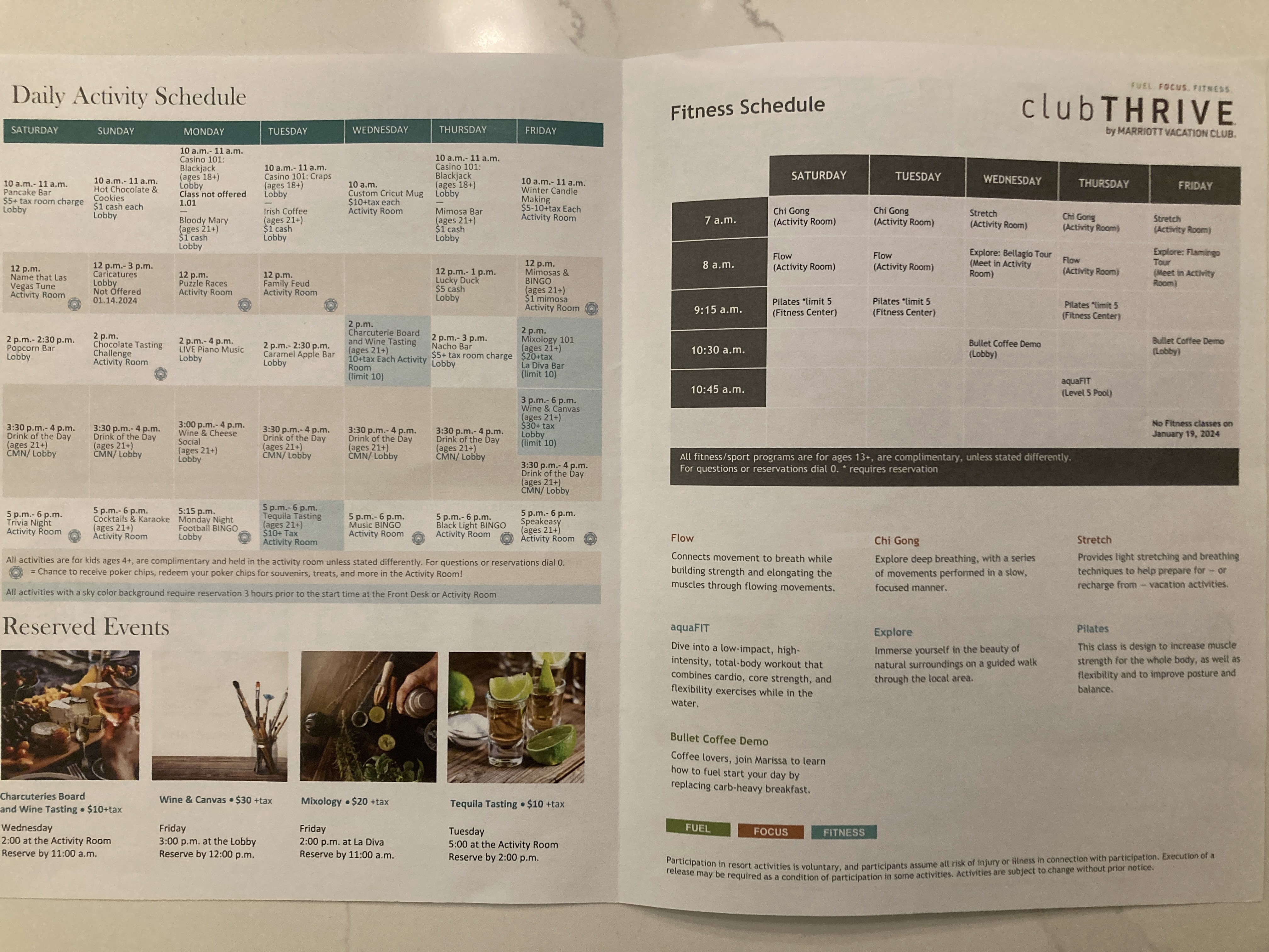 Marriotts Grand Chateau Las Vegas welcome packet schedule of activities