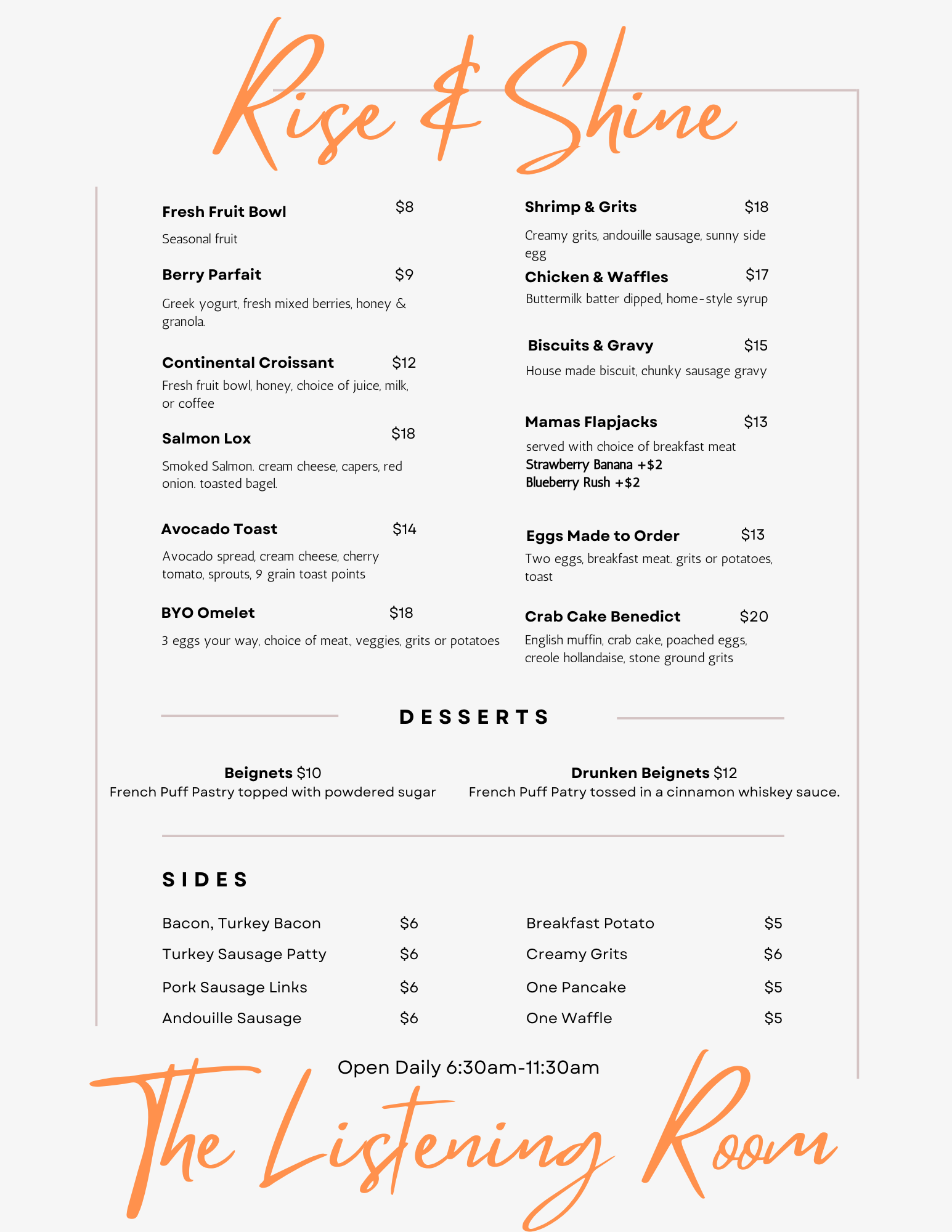 The Listening Room Troubadour Hotel New Orleans breakfast menu