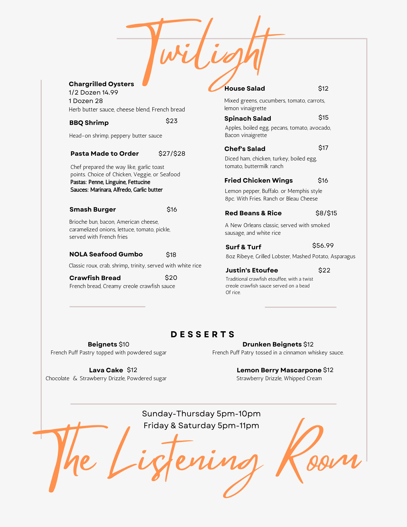 The Listening Room Troubadour Hotel New Orleans dinner menu