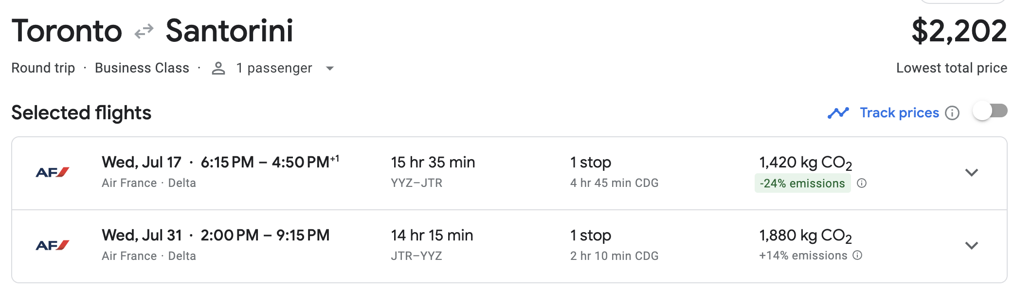 YYZ to JTR AF business