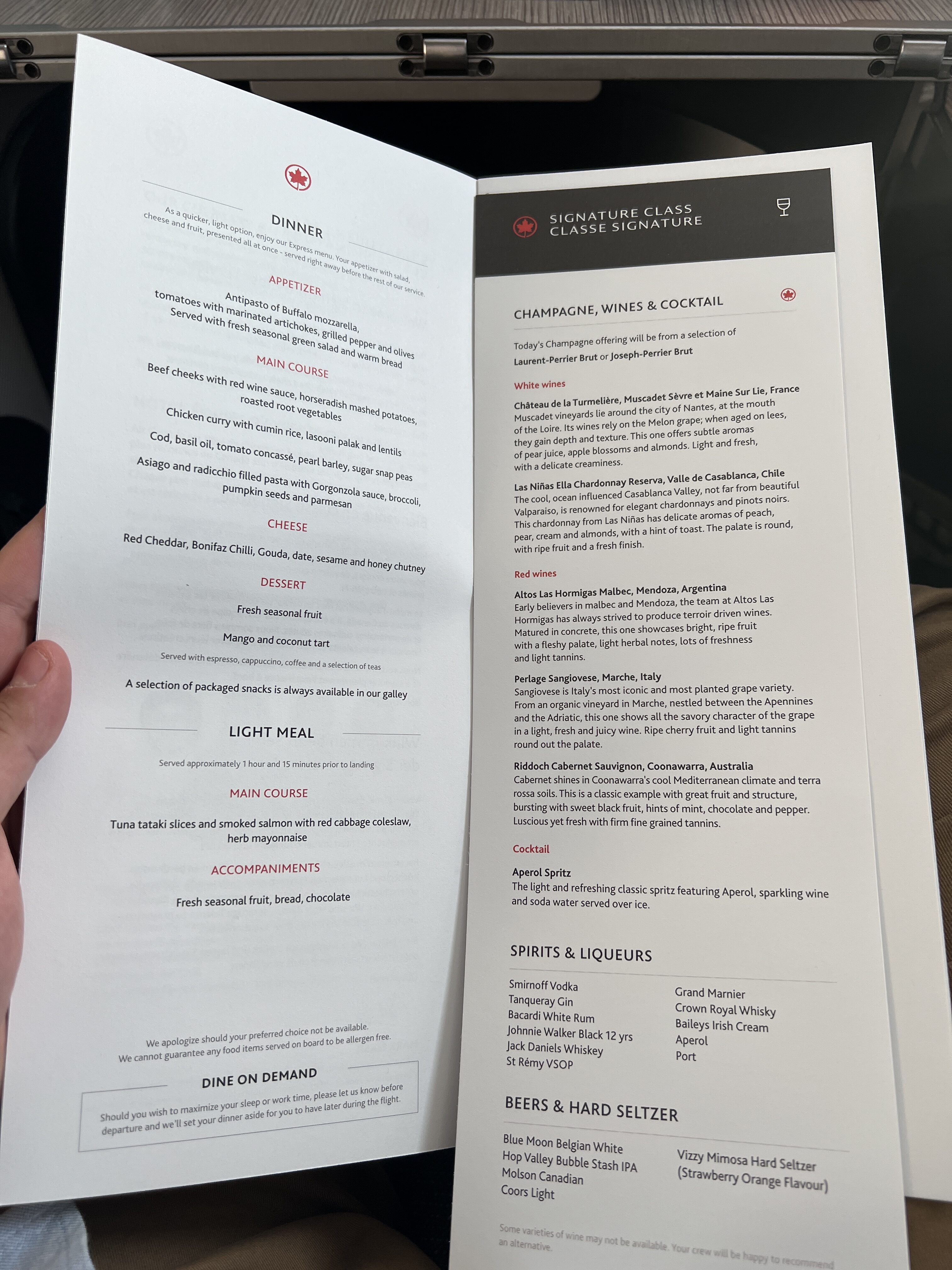 Air Canada business class menu Air Canada business class menu