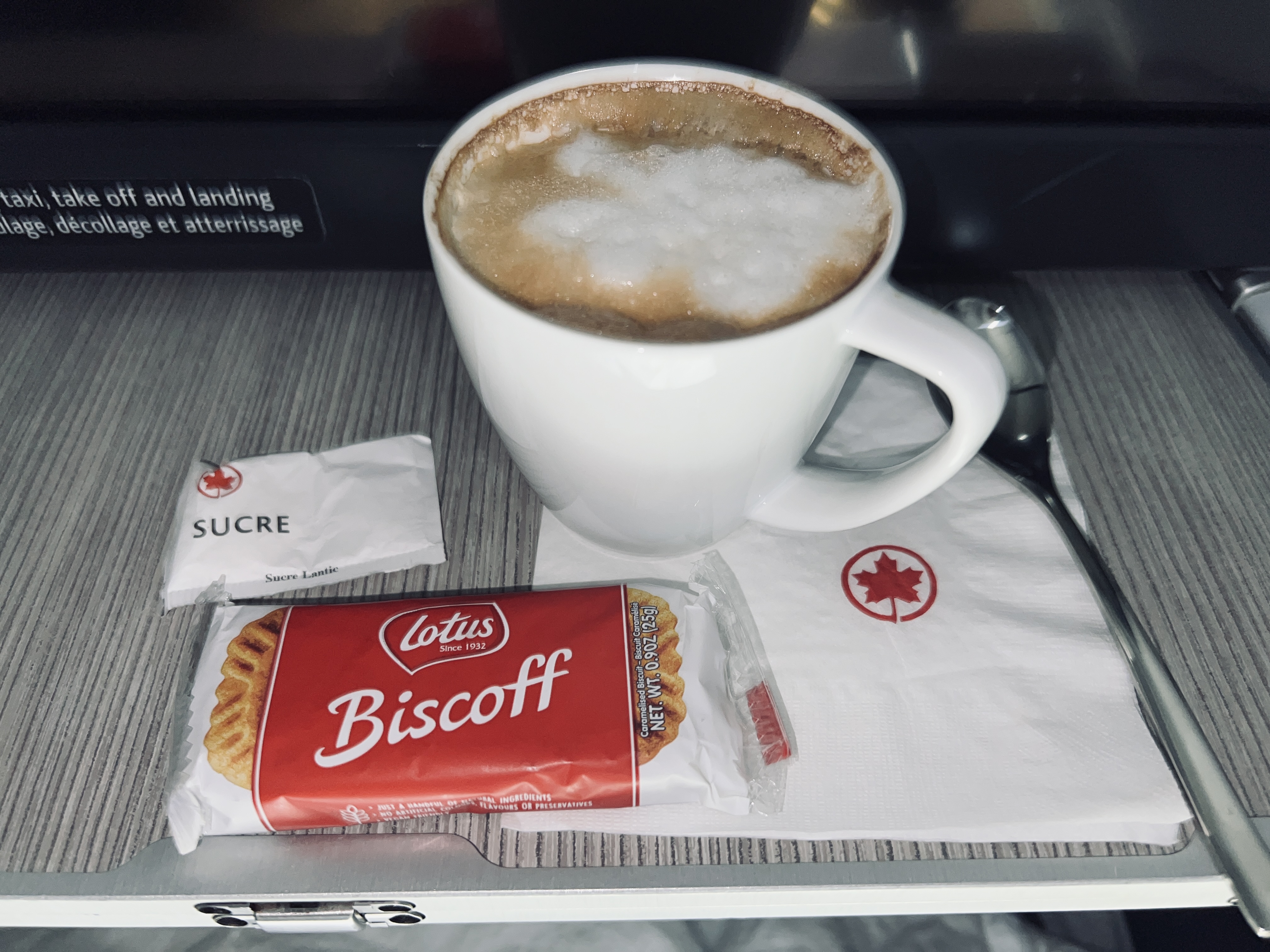 Air Canada business class cappucino and Biscoff cookies Air Canada business class cappucino and Biscoff cookies
