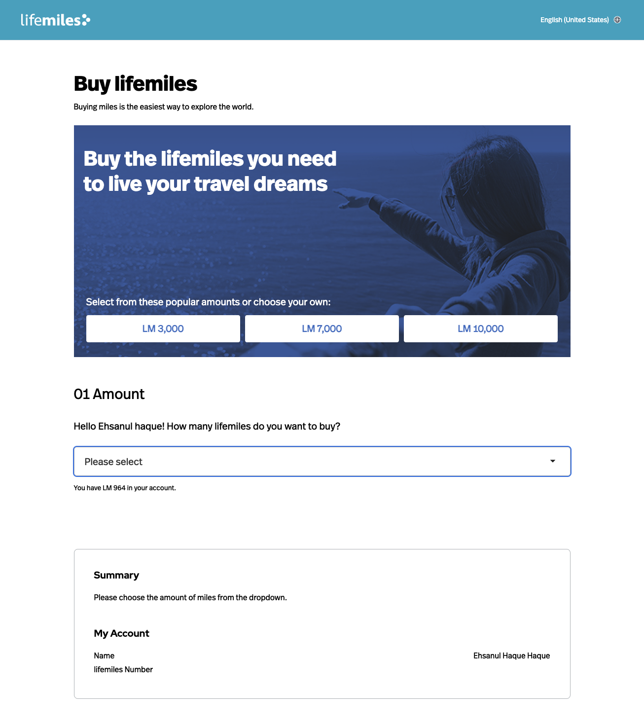 Avianca LifeMiles purchase screen