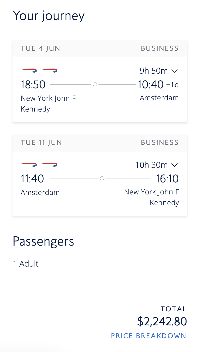 BA AMS deal Business class Europe deal