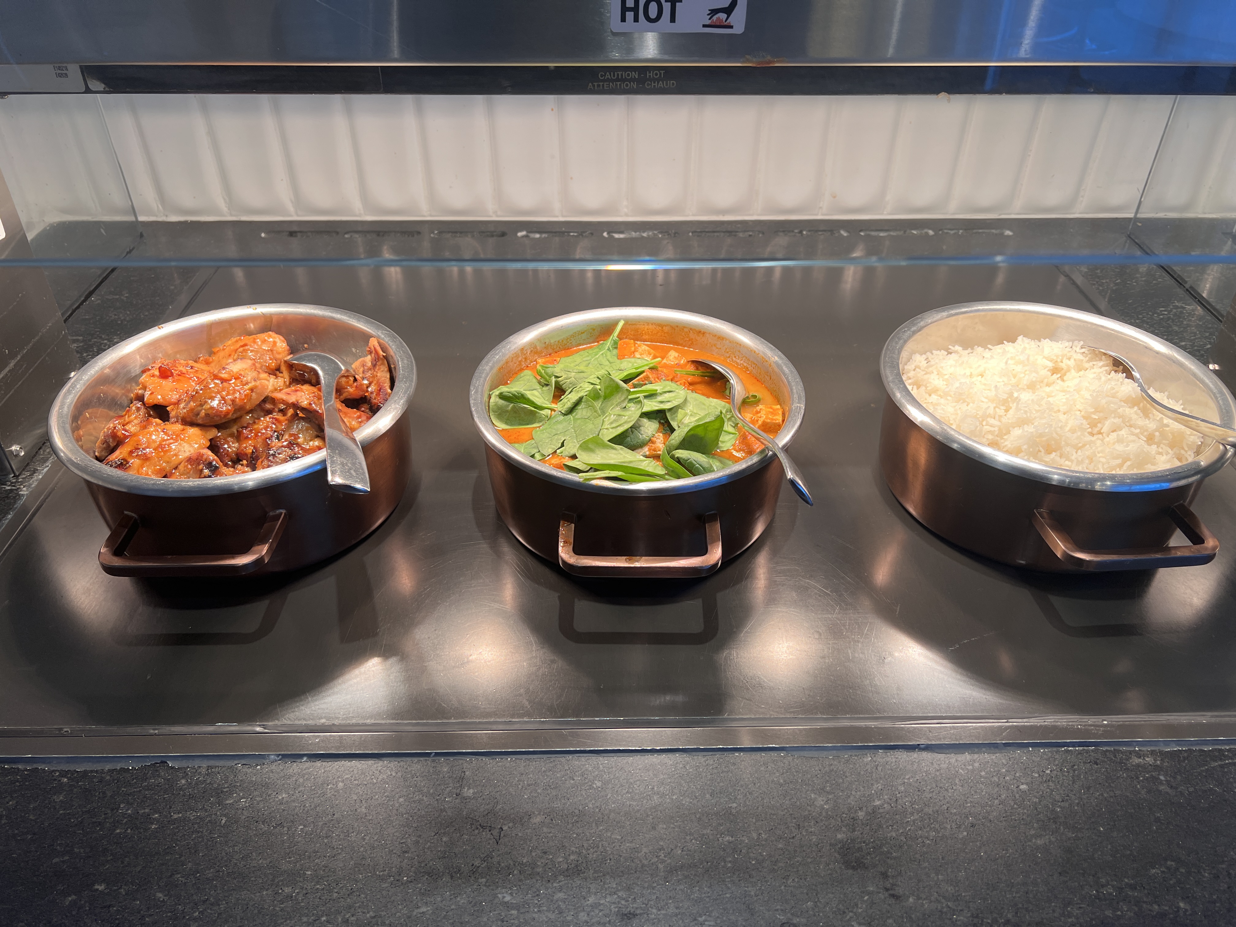 British Airways Lounge San Francisco buffet chicken tofu and steamed rice British Airways Lounge San Francisco buffet chicken tofu and steamed rice