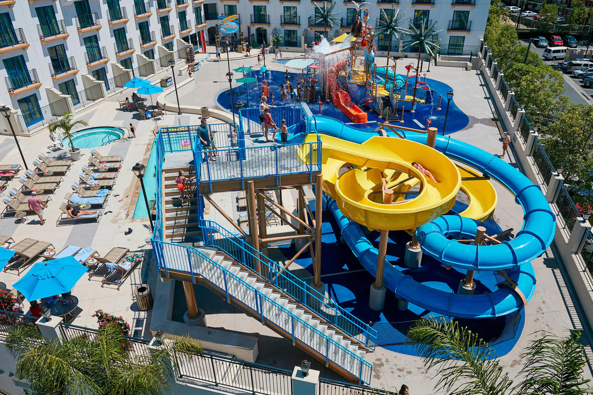 Courtyard Anaheim Theme Park Entrance water park An aerial view of the water park and pool area at Courtyard Anaheim Theme Park Entrance.