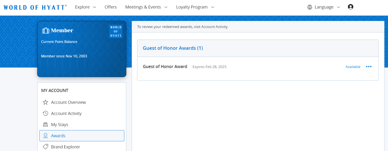 Guest of Honor recipient account award Guest of Honor recipient account award
