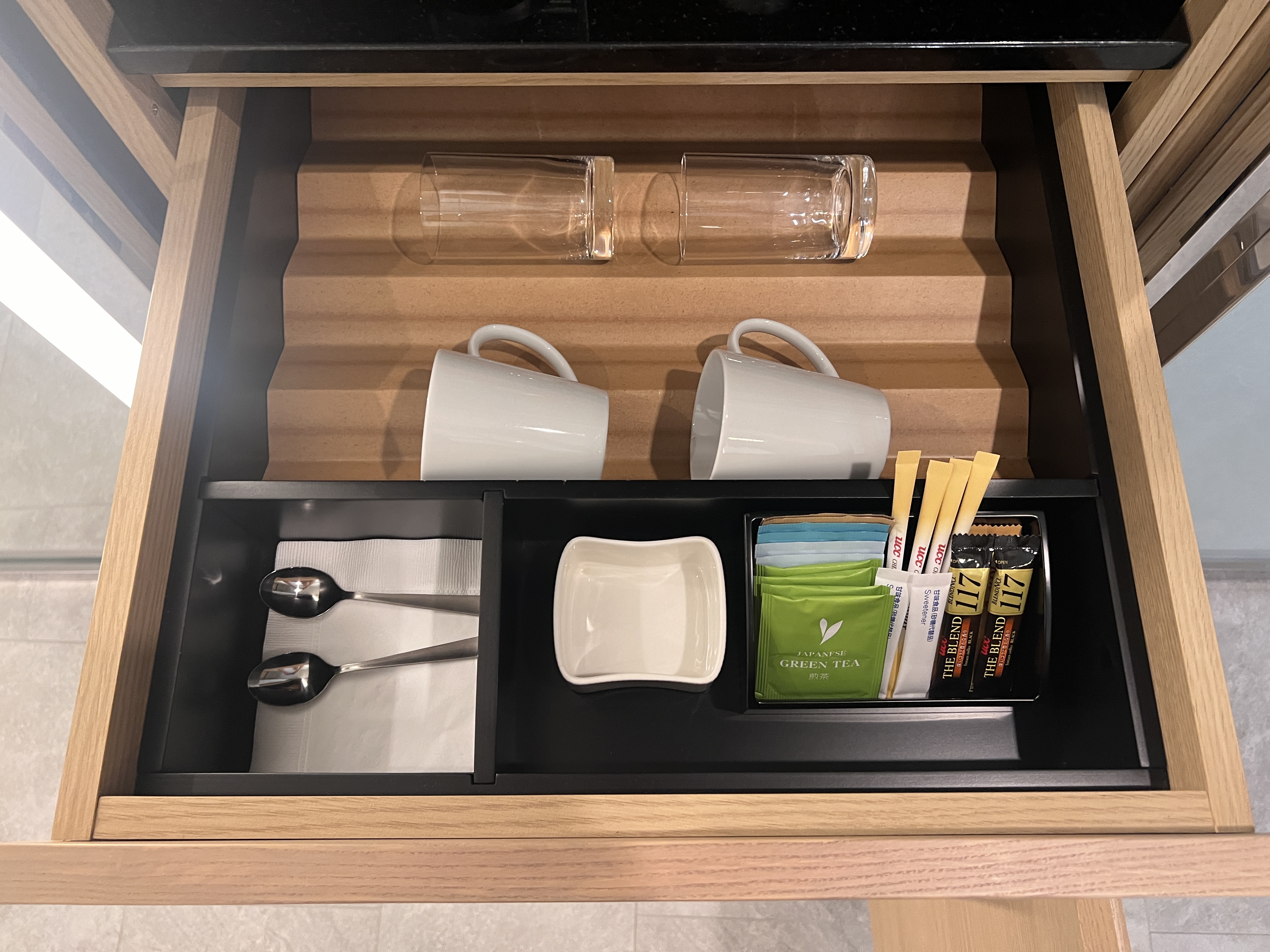 Hilton Tokyo Bay room coffee mugs and glasses drawer Hilton Tokyo Bay room coffee mugs and glasses drawer