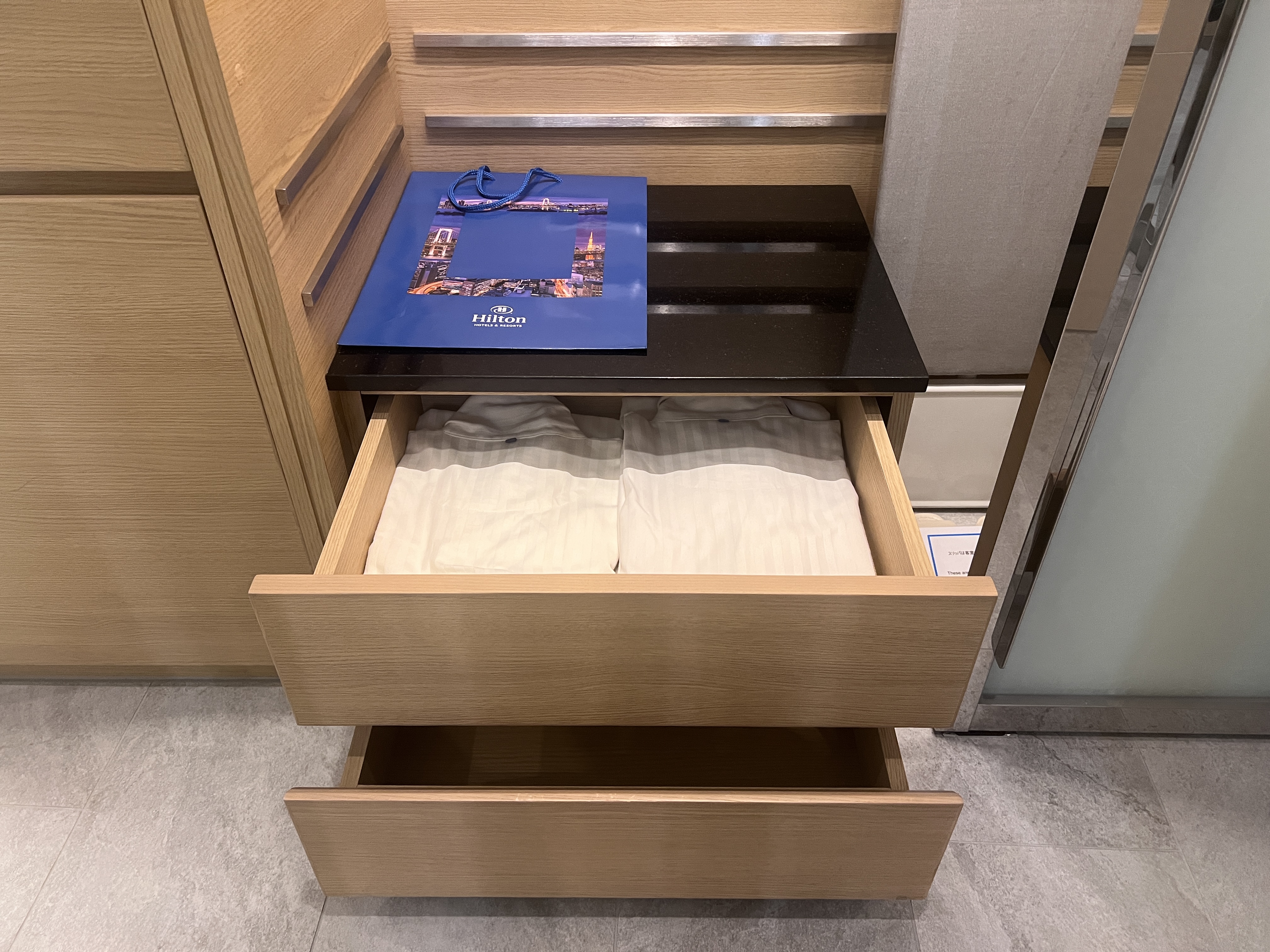 Hilton Tokyo Bay room drawers and pajamas Hilton Tokyo Bay room drawers and pajamas