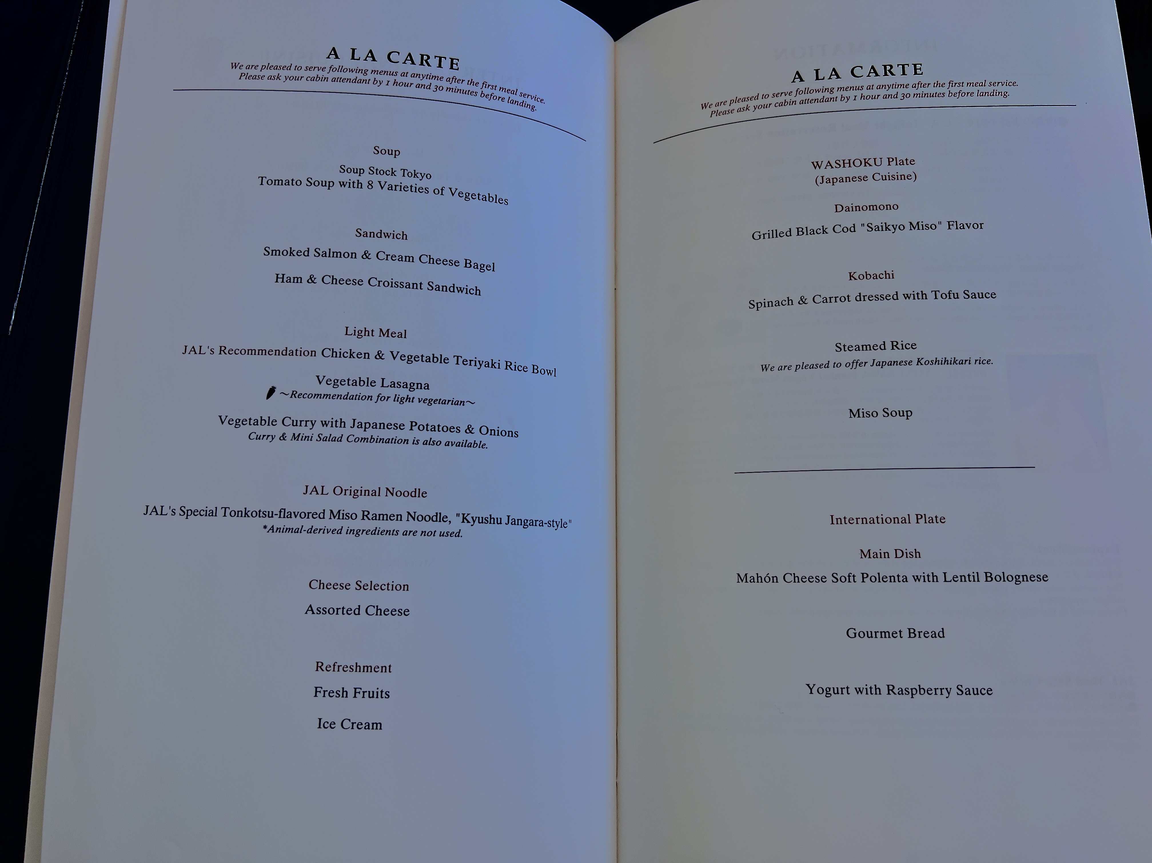 Japan Airlines 777 300er business class a la carte menu Japan Airlines 777 300er business class a la carte menu