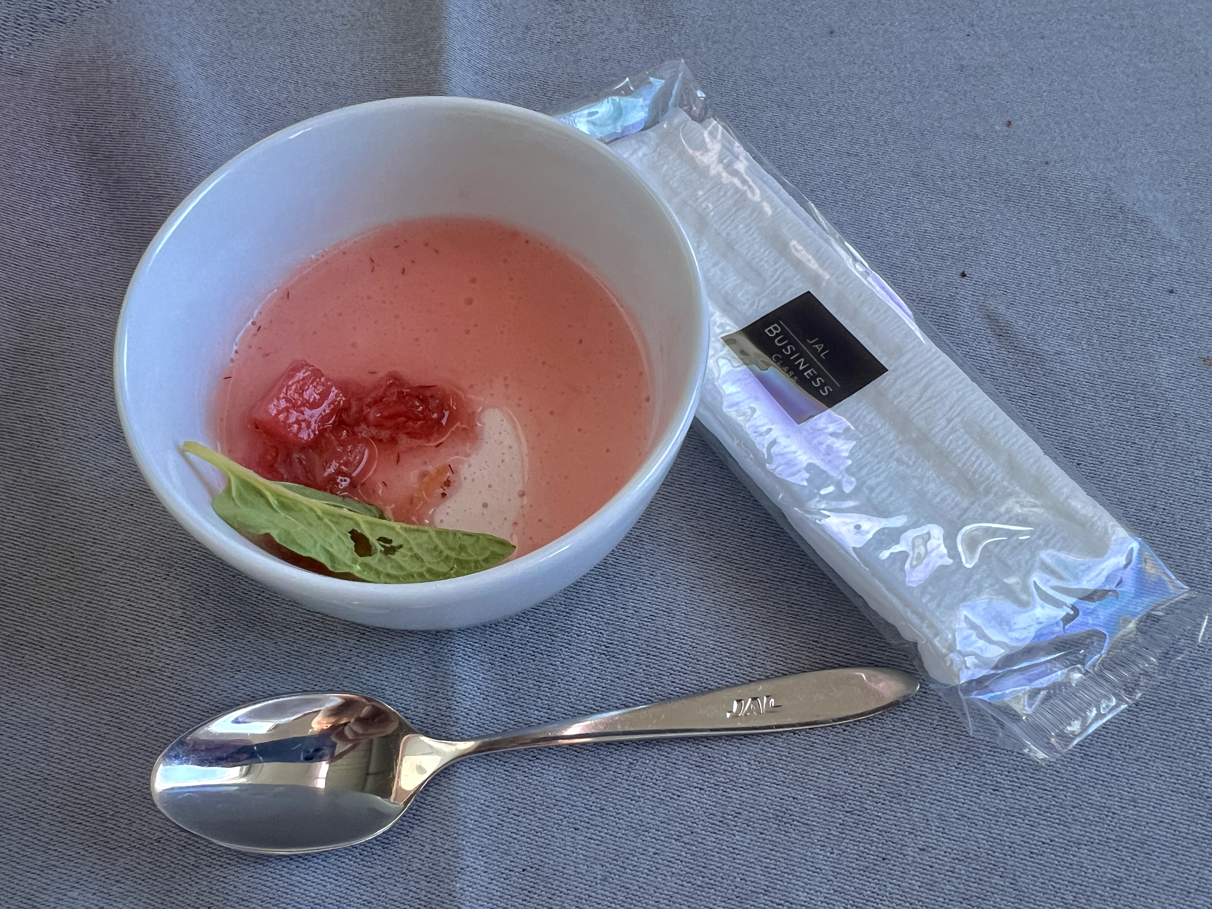 Japan Airlines 777 300er business class dessert strawberry Panna Cotta Japan Airlines 777 300er business class dessert strawberry Panna Cotta