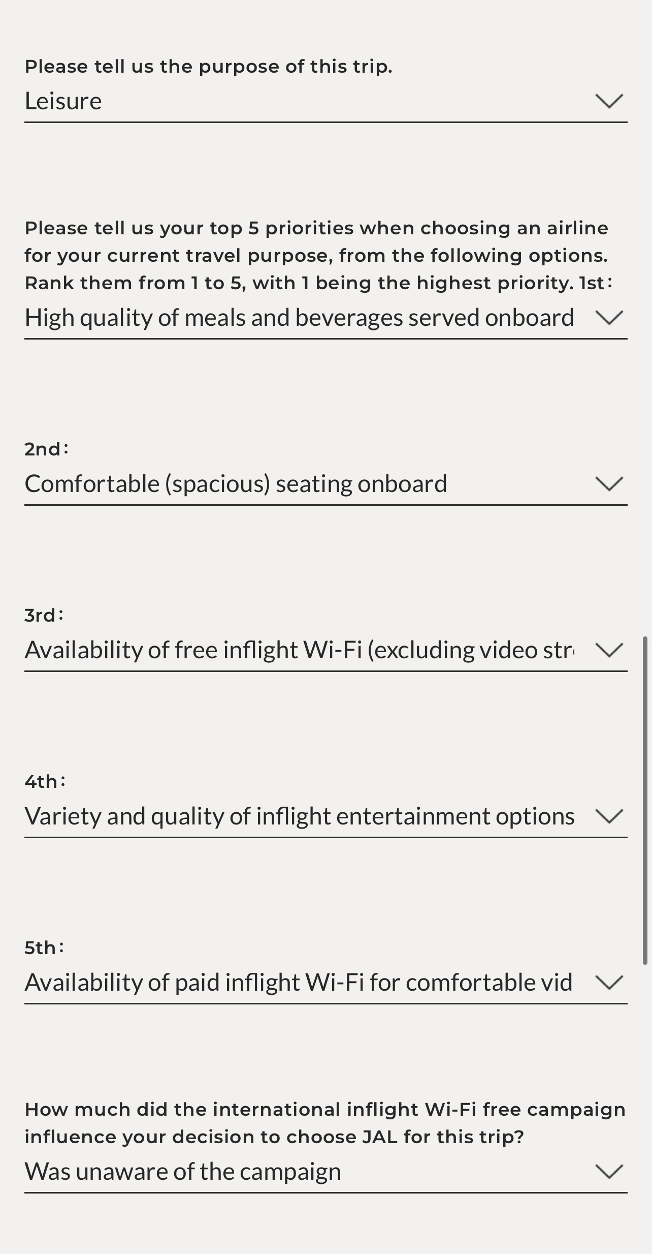 Japan Airlines 777 300er business class wifi questionnaire Japan Airlines 777 300er business class wifi questionnaire