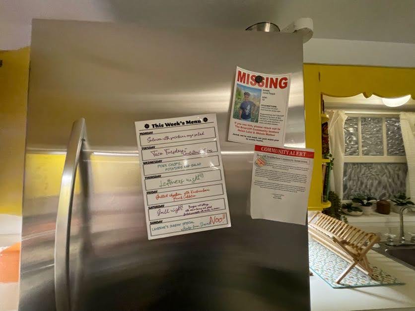Missing flyer on the refrigerator at Meow Wolf Grapevine The Real Unreal