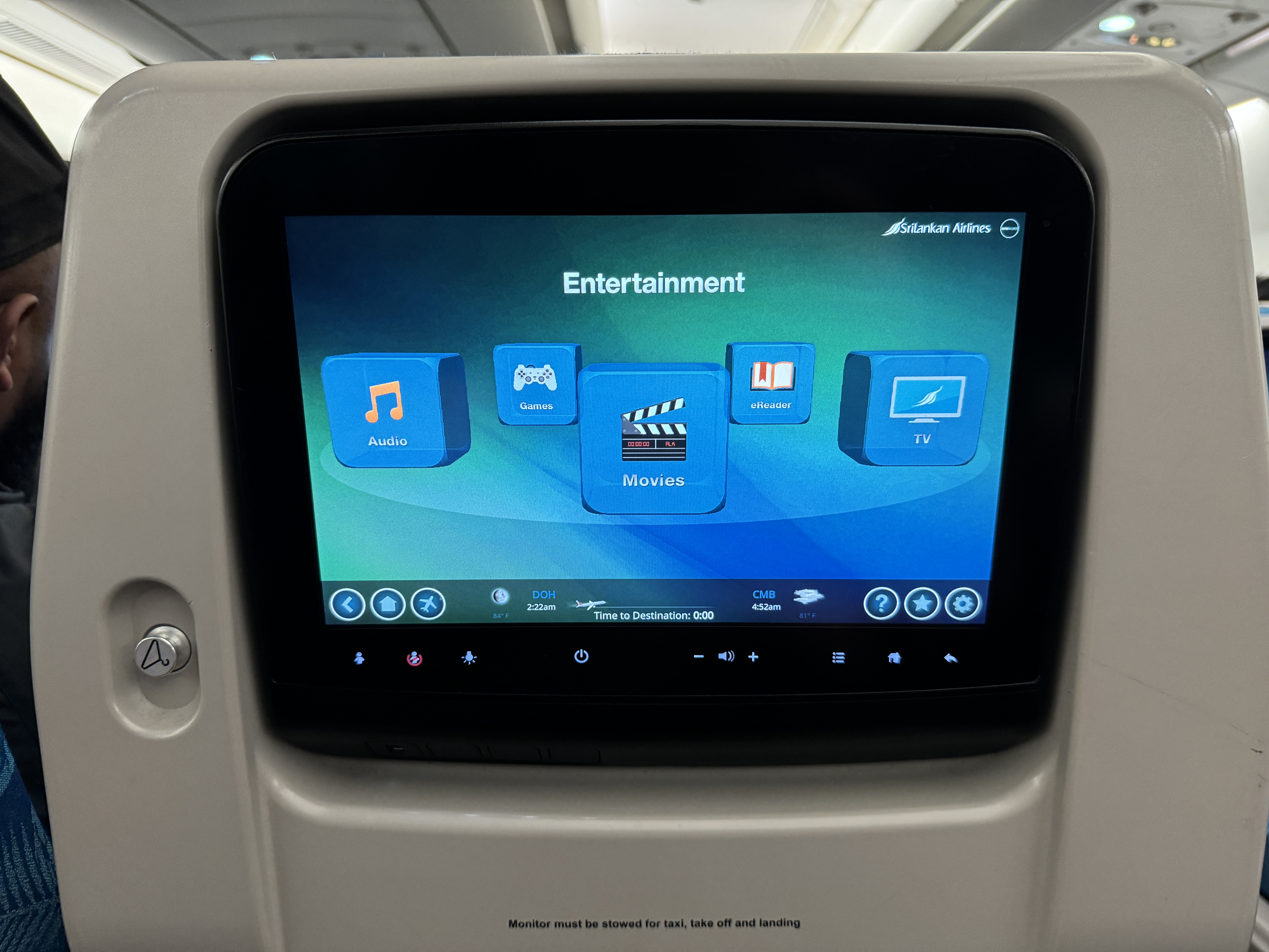 SriLankan DOH CMB A330 300 economy IFE screen