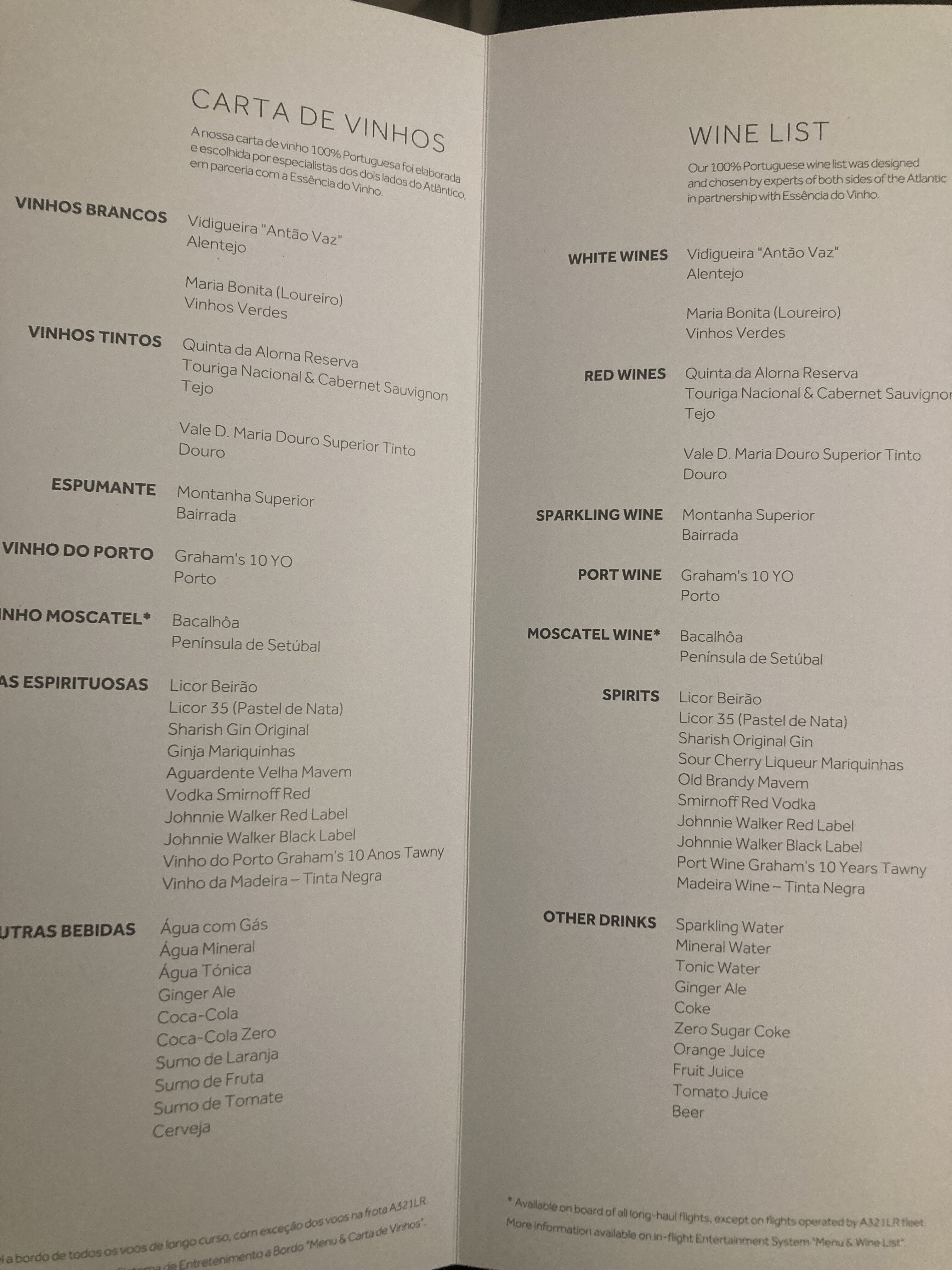 TAP Air Portugal A321LR neo business class EWR LIS wine list TAP Air Portugal A321LR neo business class EWR LIS wine list