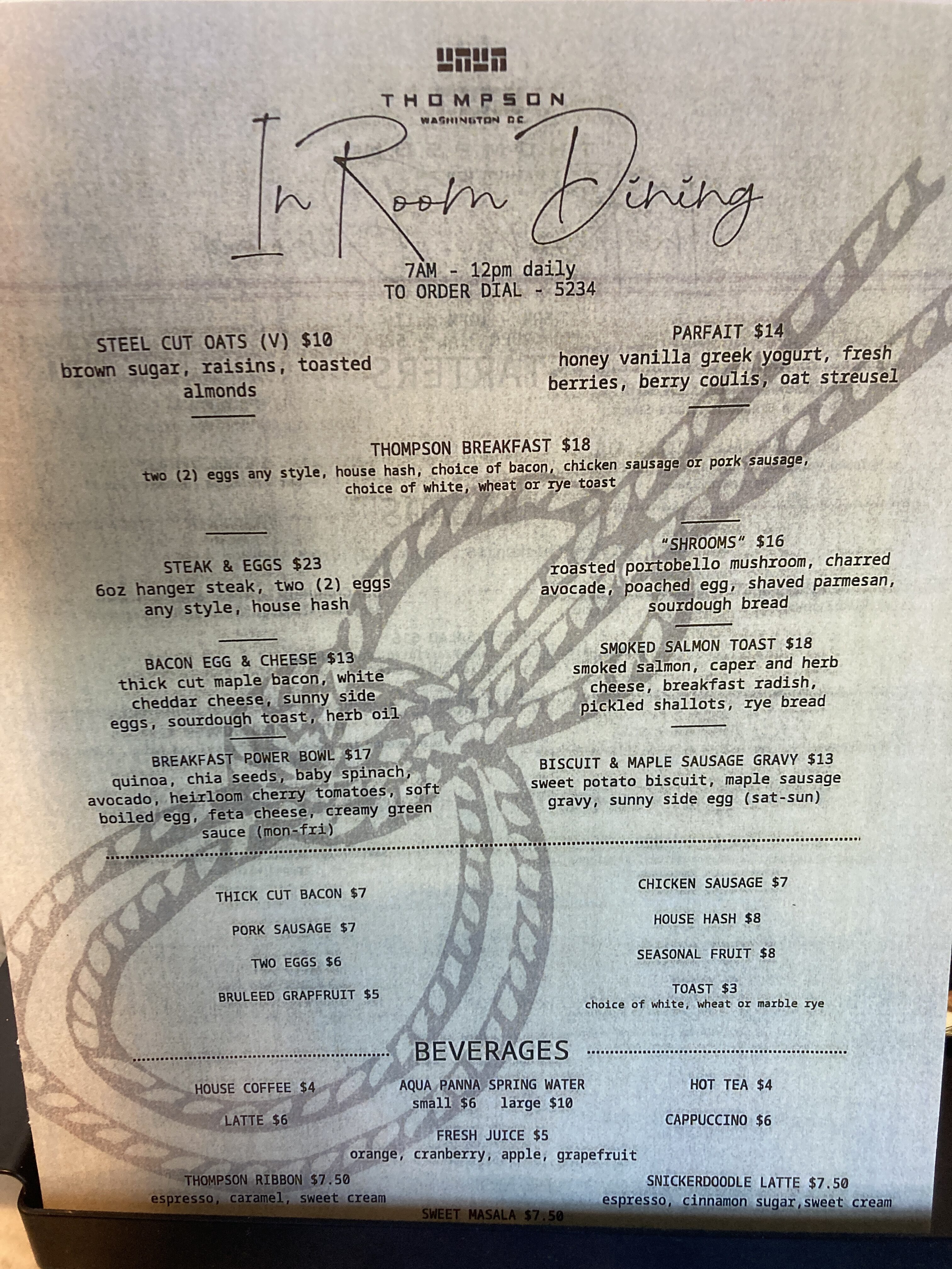 Thompson Washington DC in room dining breakfast menu