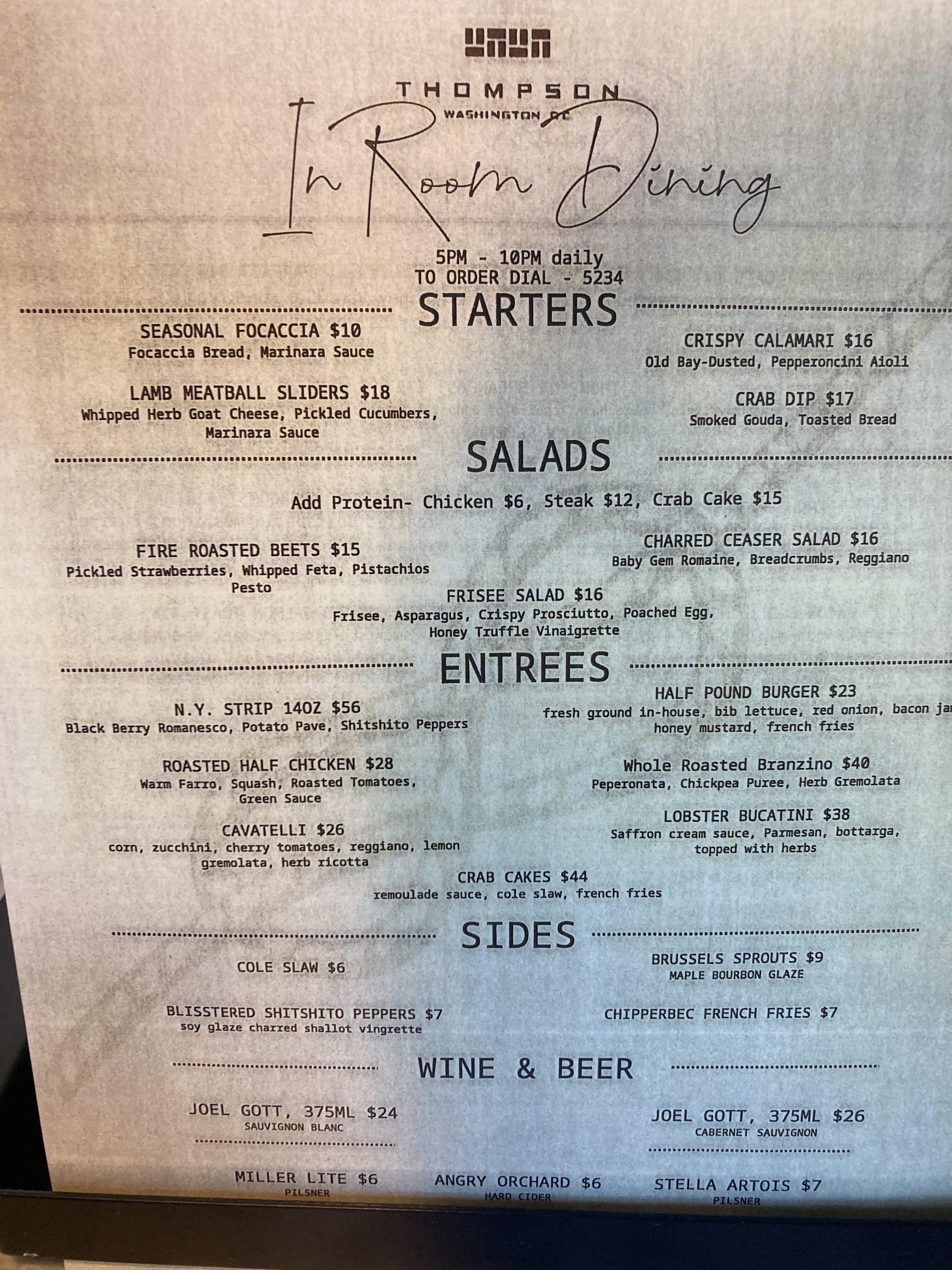 Thompson Washington DC in room dining dinner menu
