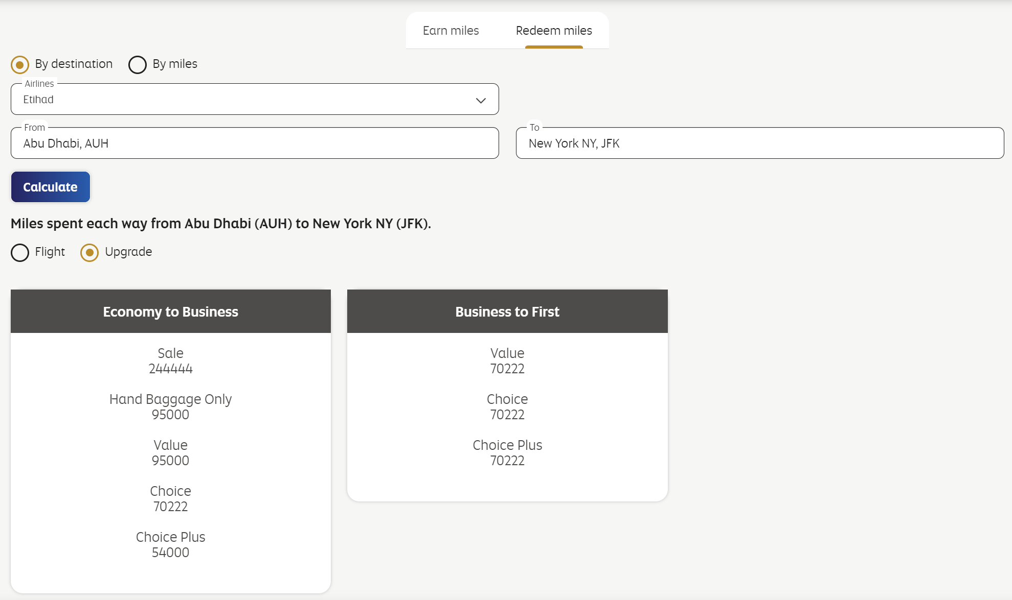 Etihad Miles Calculator upgrade cost