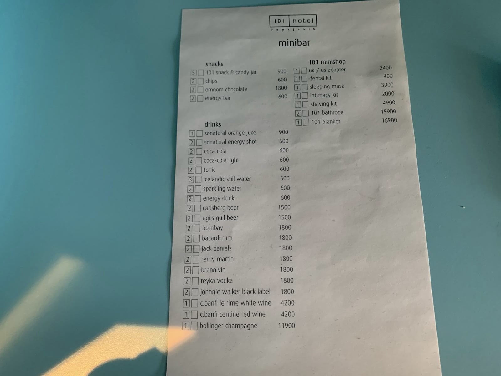 101 Hotel Reykjavik minibar price list