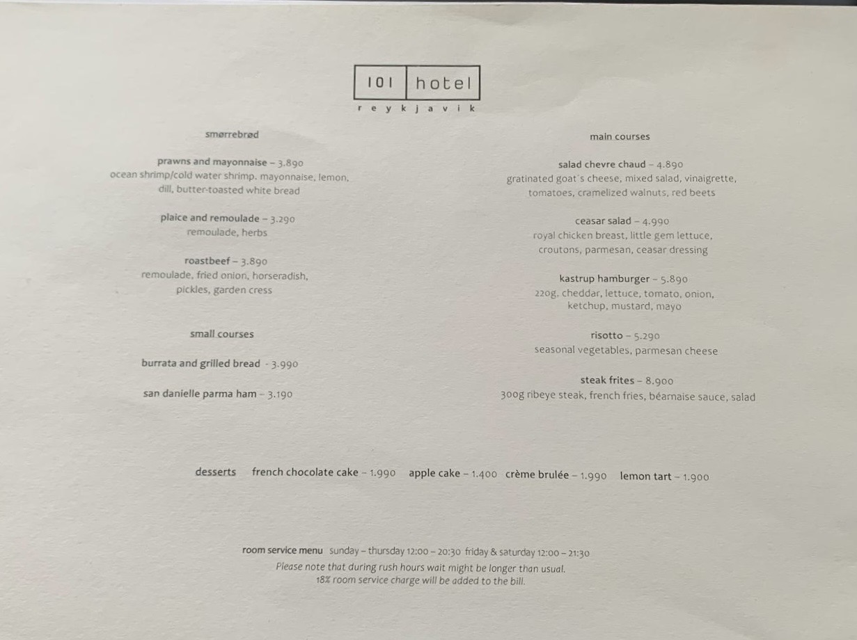 101 Hotel Reykjavik room service menu