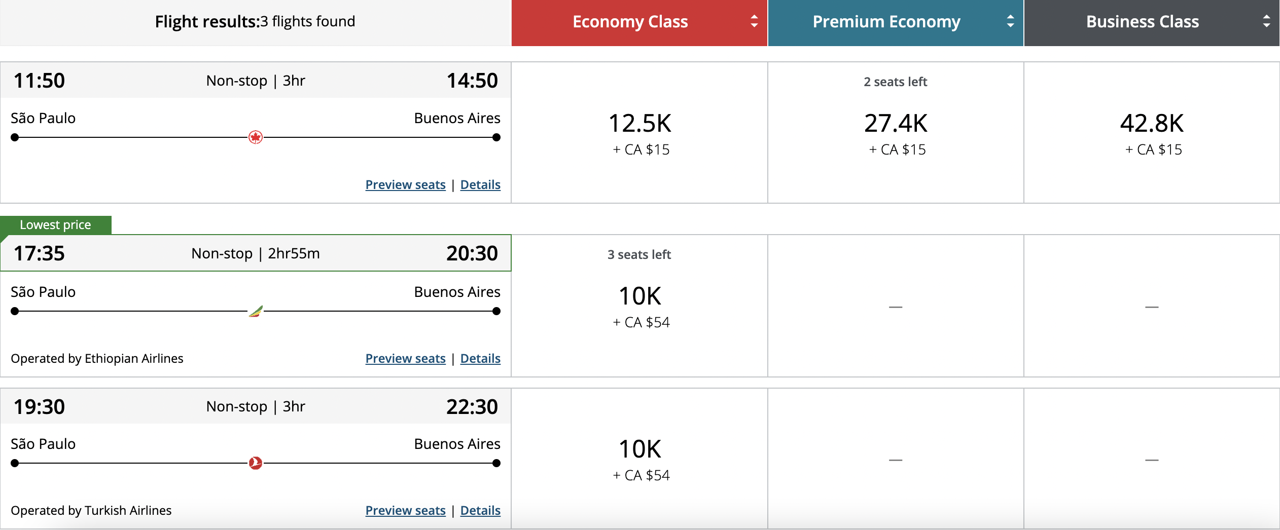 Aeroplan GRU EZE Award Rates