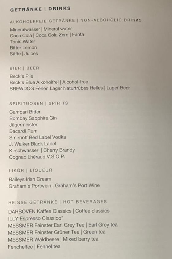 Condor A330 900neo business class drink menu Condor A330 900neo business class drink menu