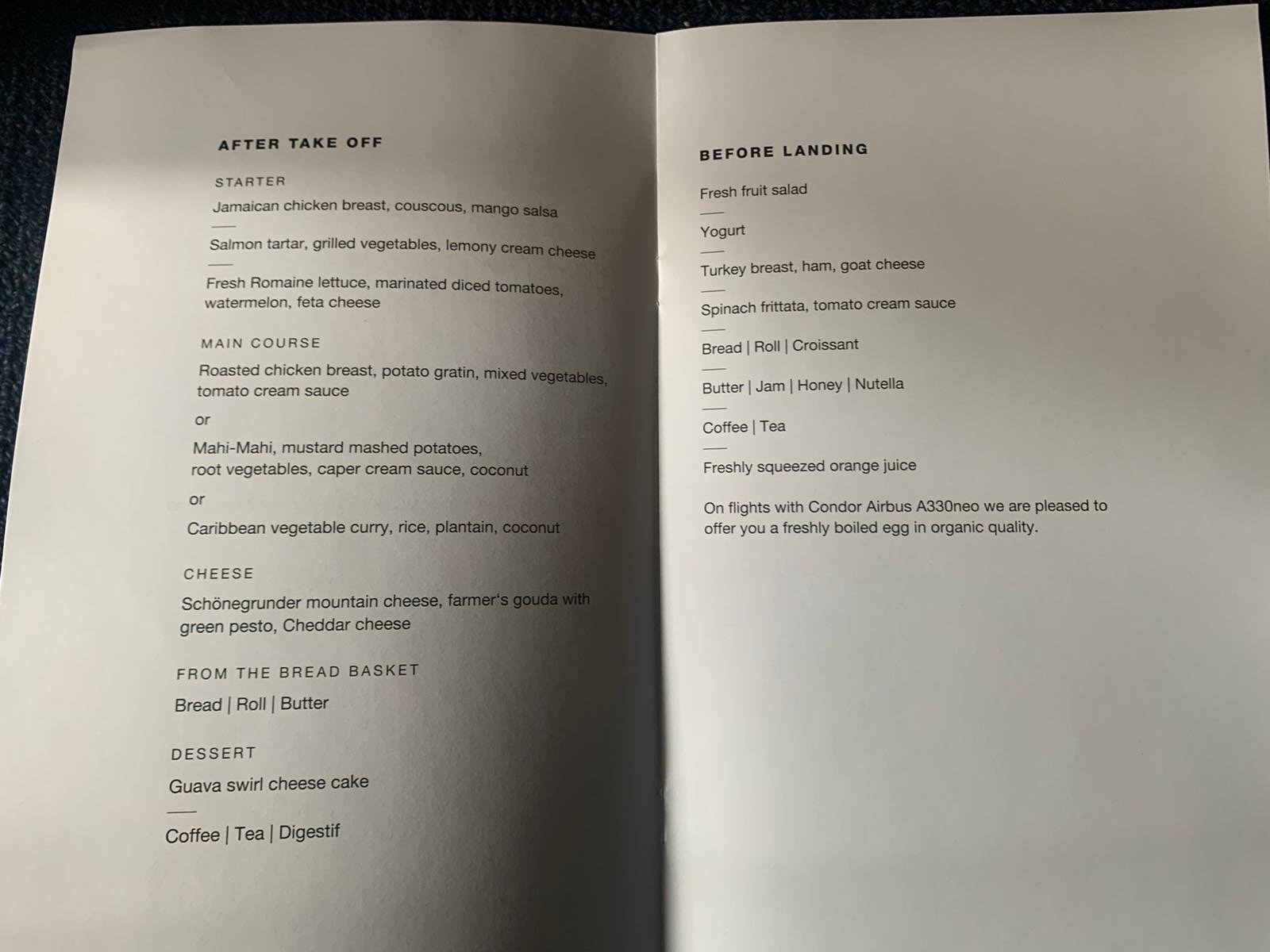 Condor A330 900neo business class menu Condor A330 900neo business class menu