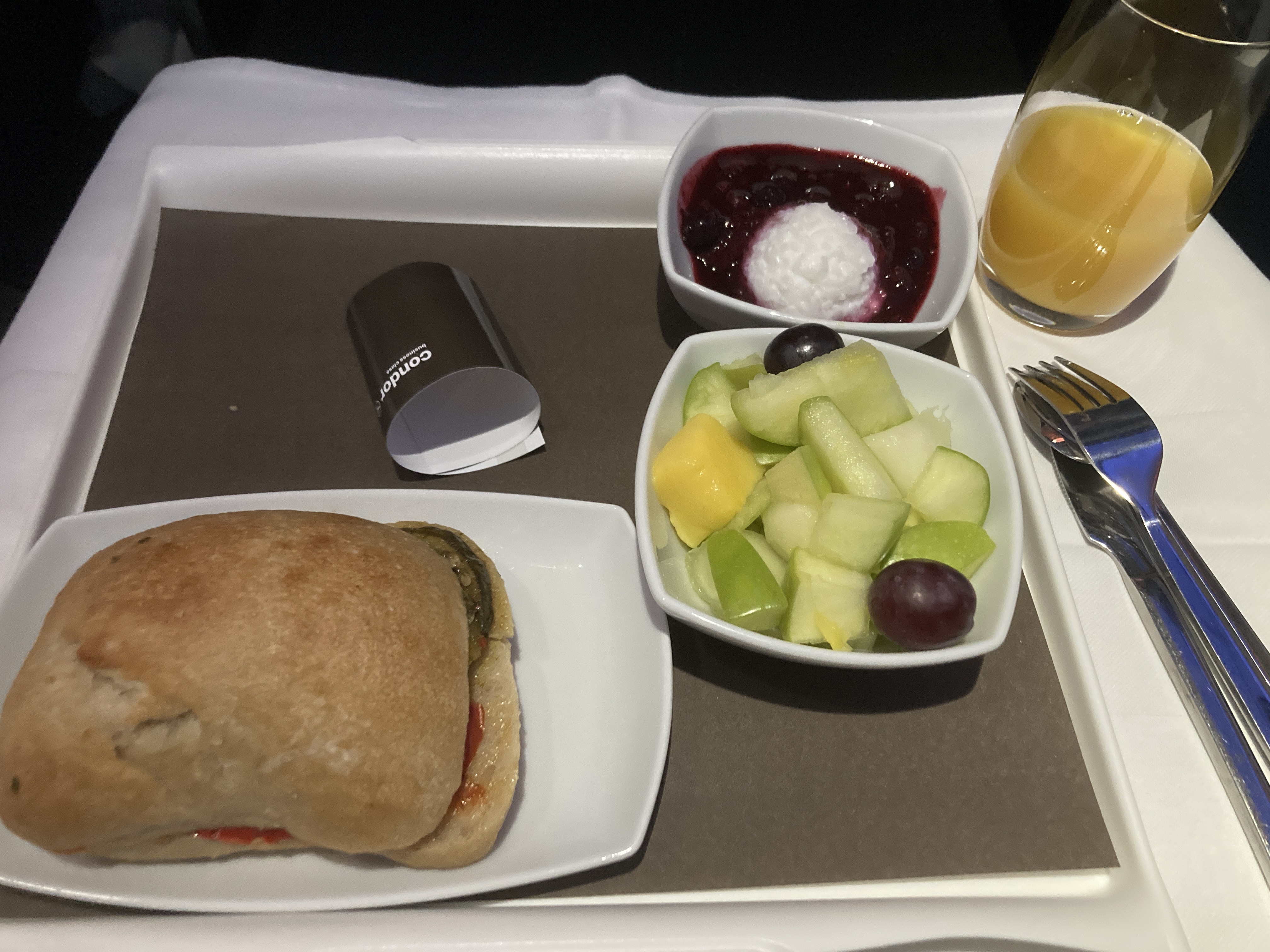 Condor A330 900neo business class snack before landing Condor A330 900neo business class snack before landing