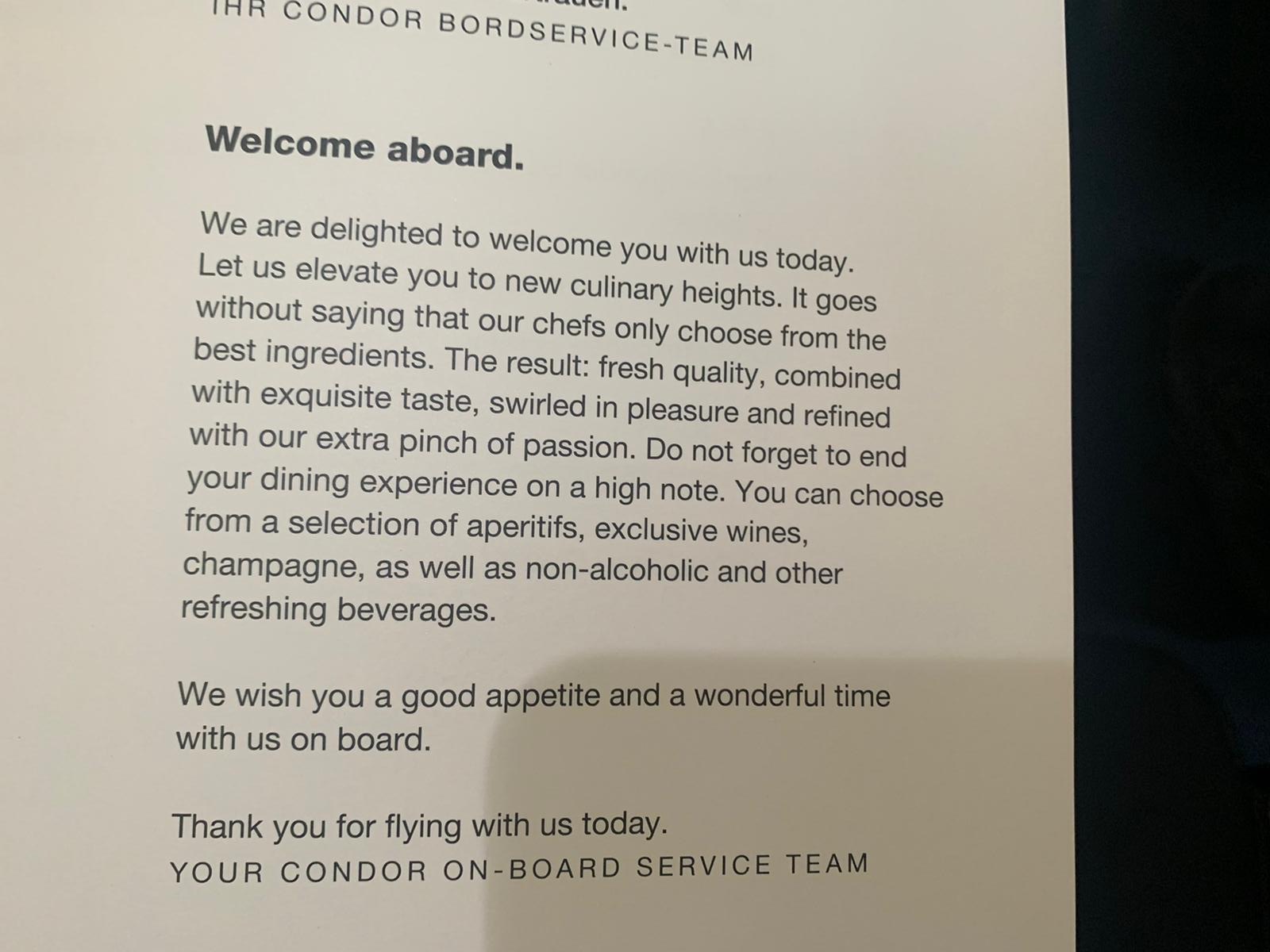 Condor A330 900neo business class welcome note in menu Condor A330 900neo business class welcome note in menu