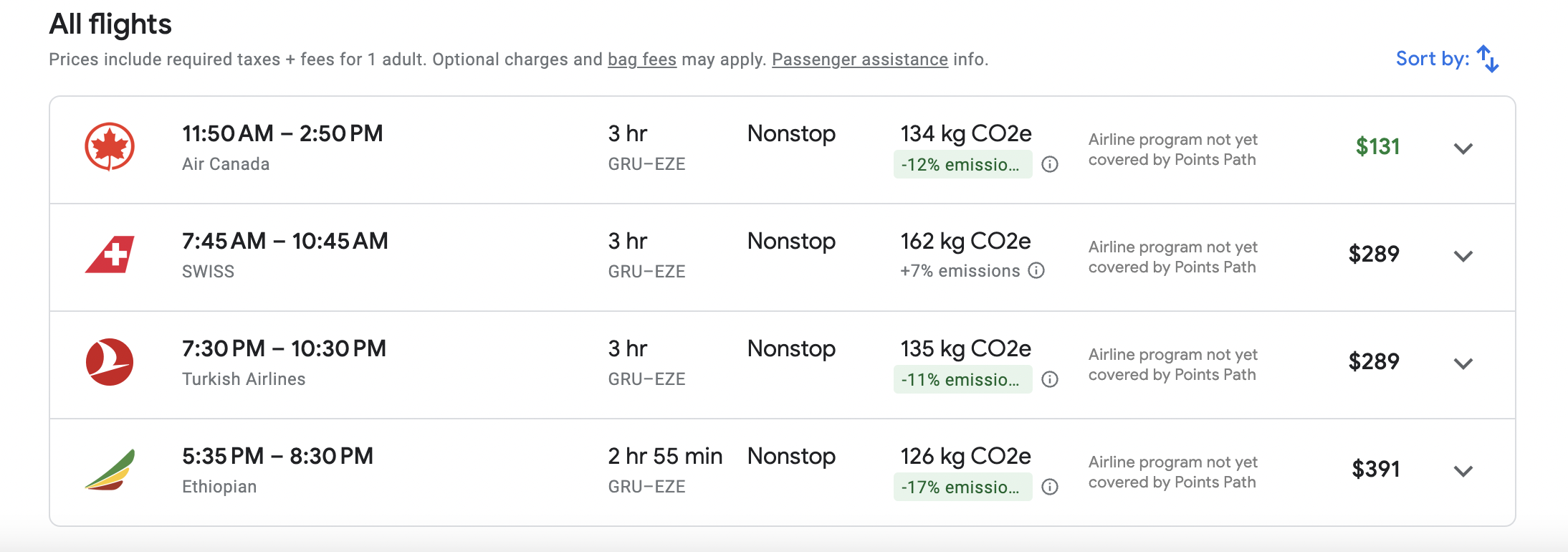 Ethiopean GRU EZE Screenshot Google Flights
