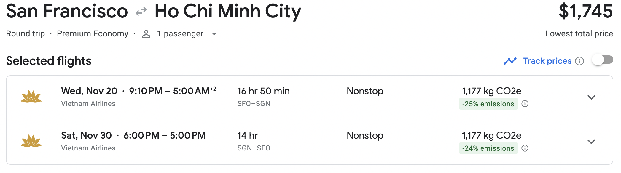 Google Flights Vietnam Airlines Premium Y