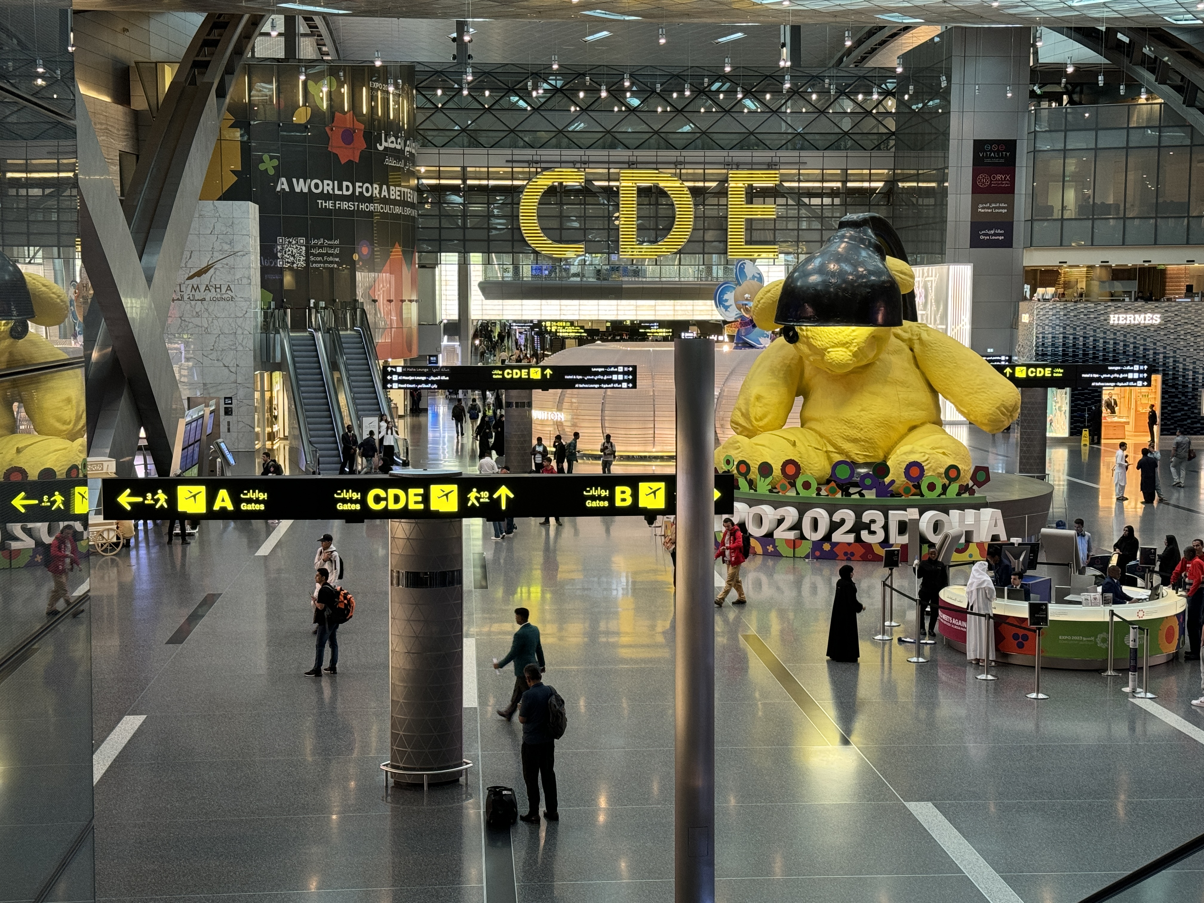 Hamad International Airport lamp bear signage