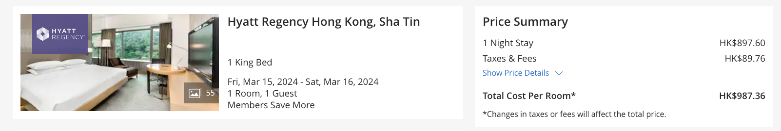 Hyatt Regency Hong Kong Sha Tin final price