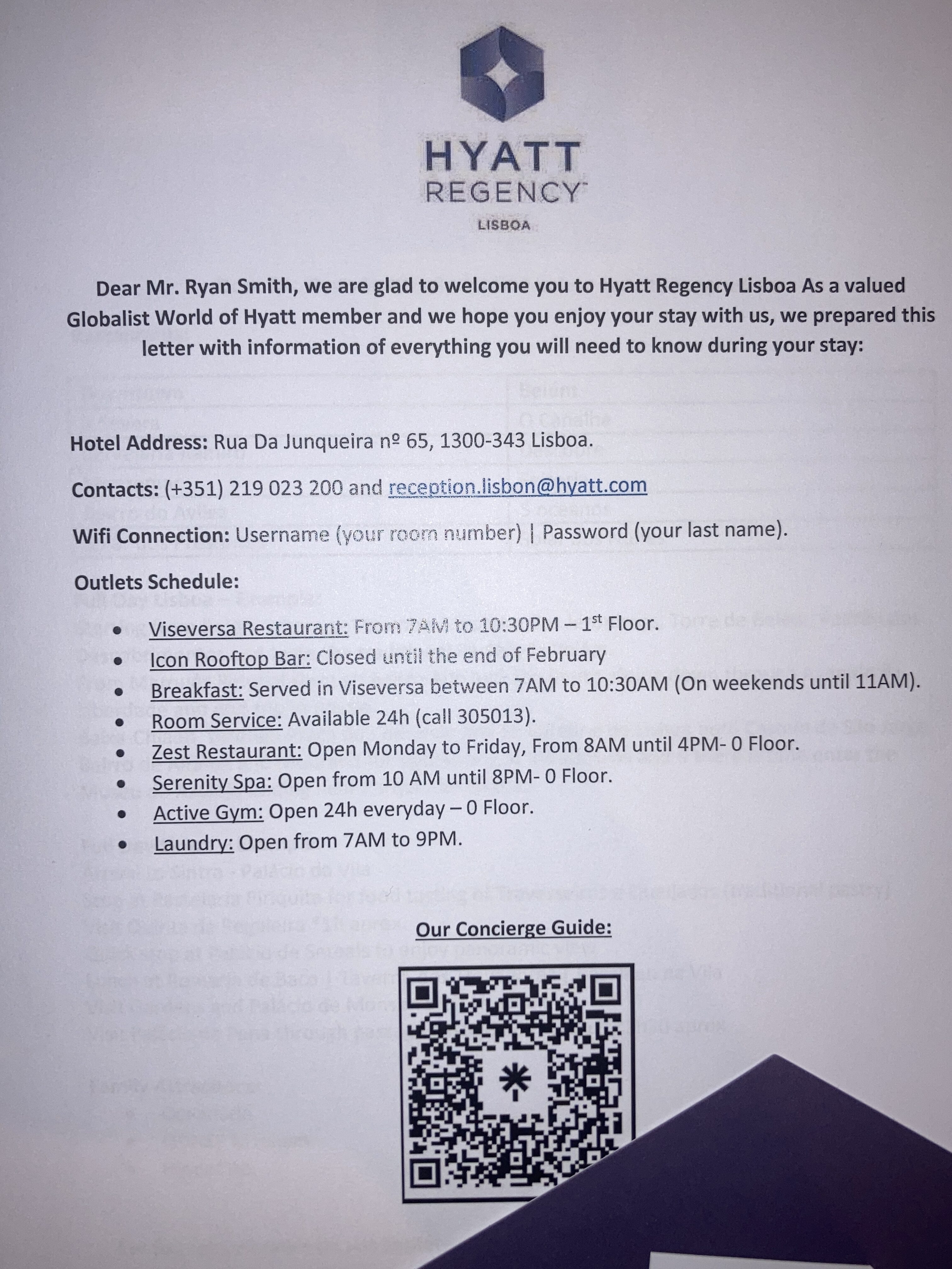 Hyatt Regency Lisbon welcome letter Hyatt Regency Lisbon welcome letter