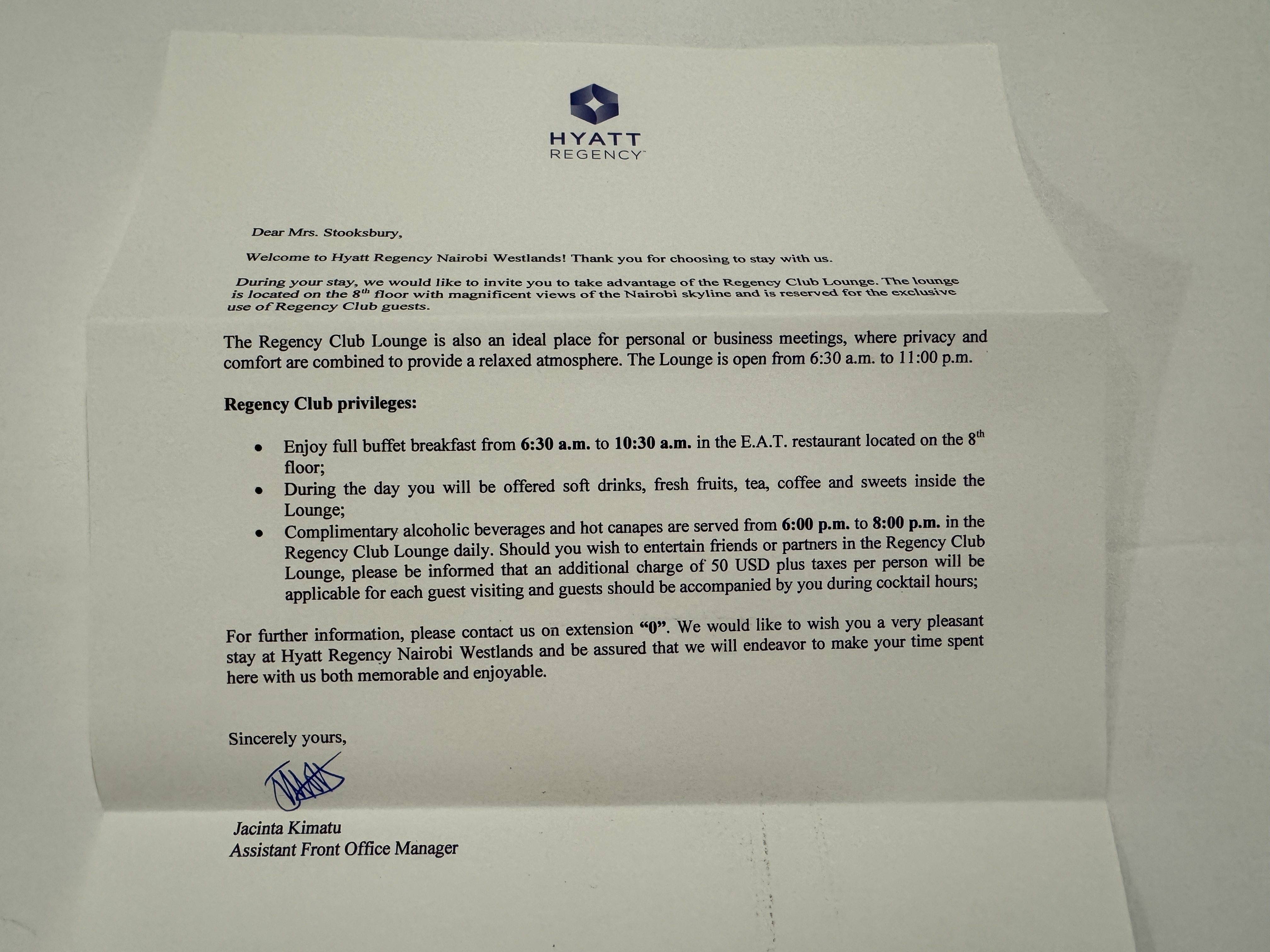 Hyatt Regency Nairobi Regency Club letter
