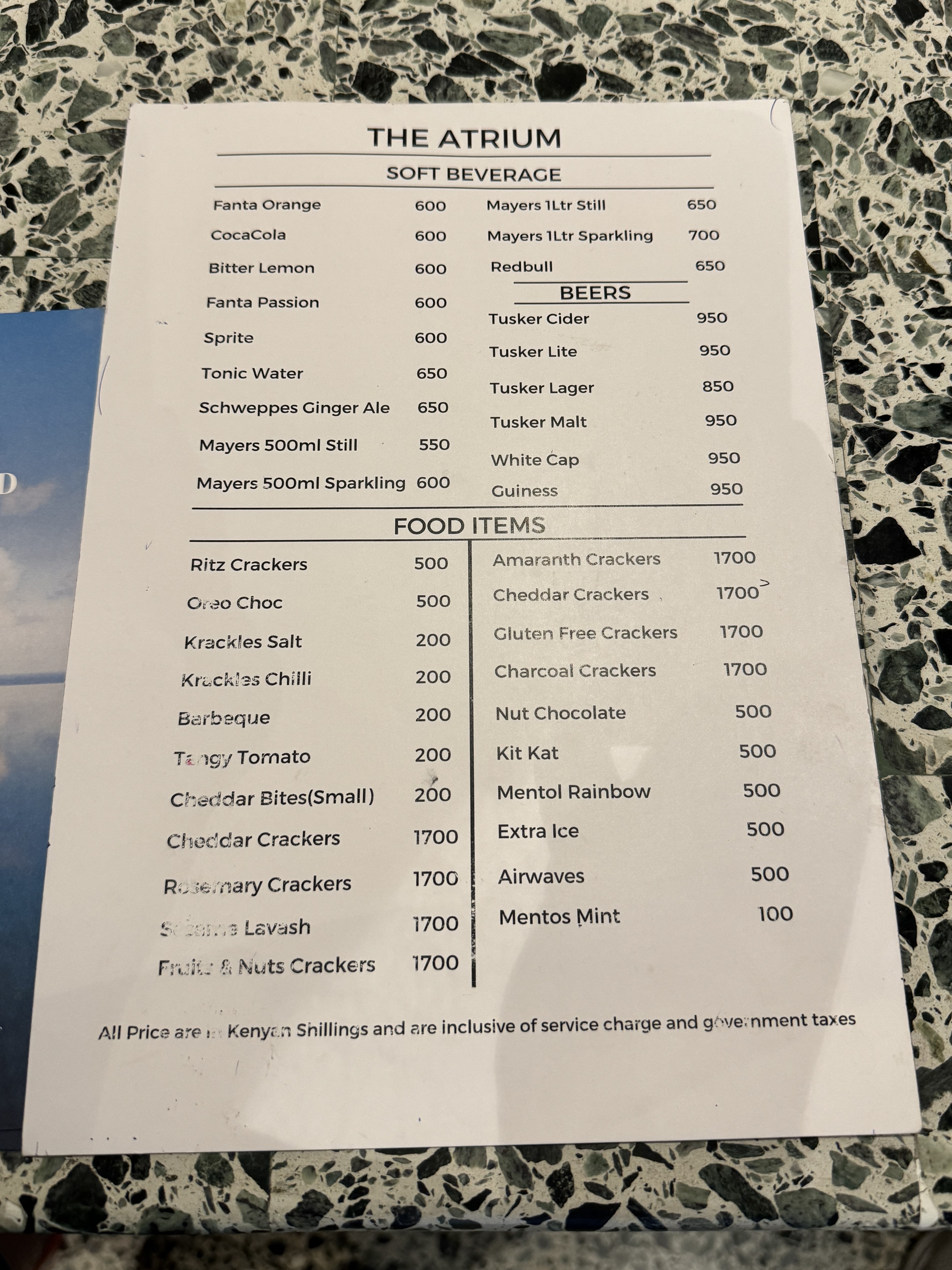 Hyatt Regency Nairobi The Atrium menu