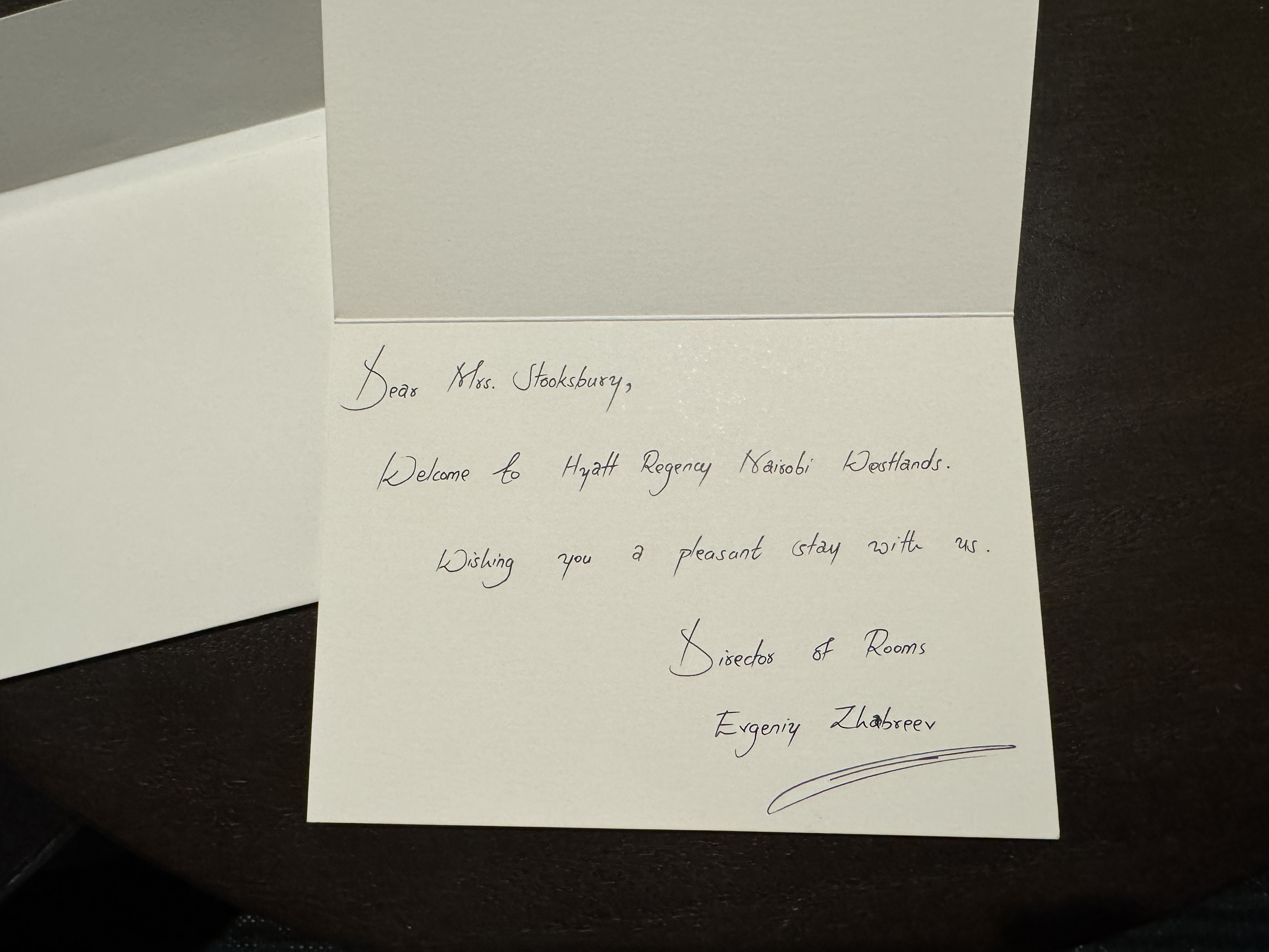 Hyatt Regency Nairobi king bed deluxe welcome note