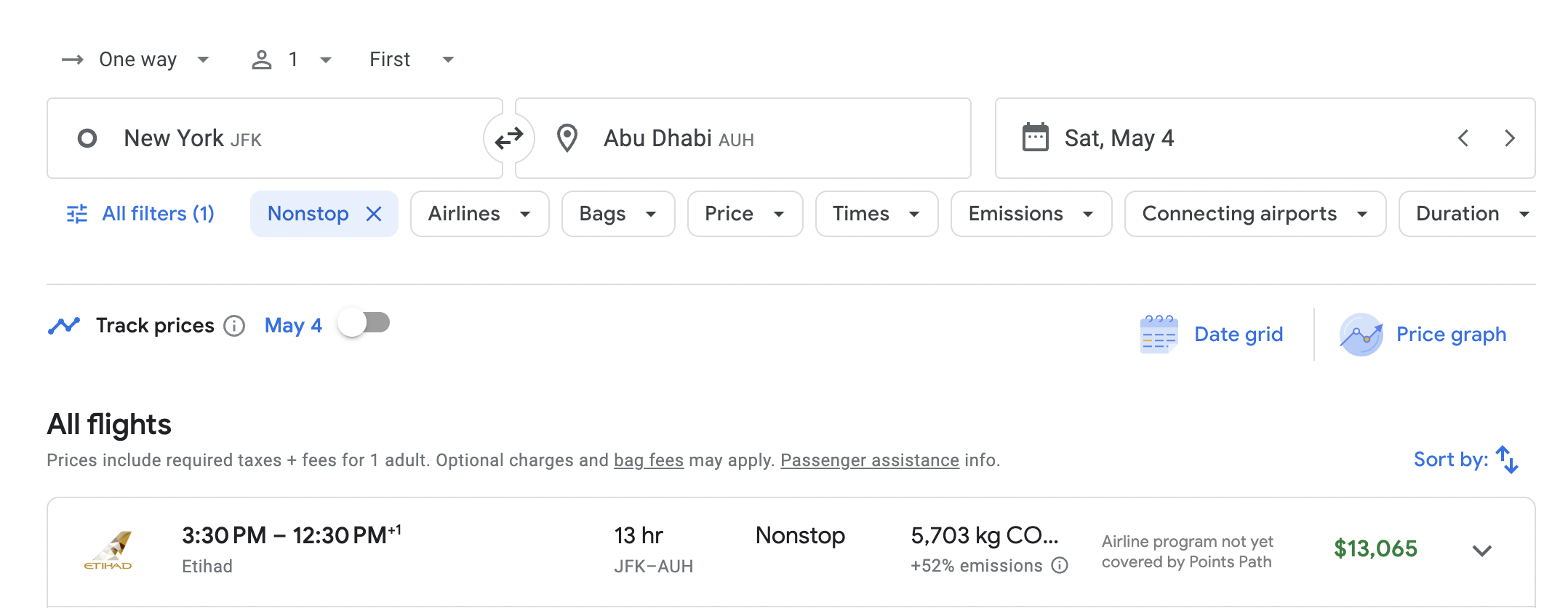 JFK to AUH First Class Etihad Cash Fare