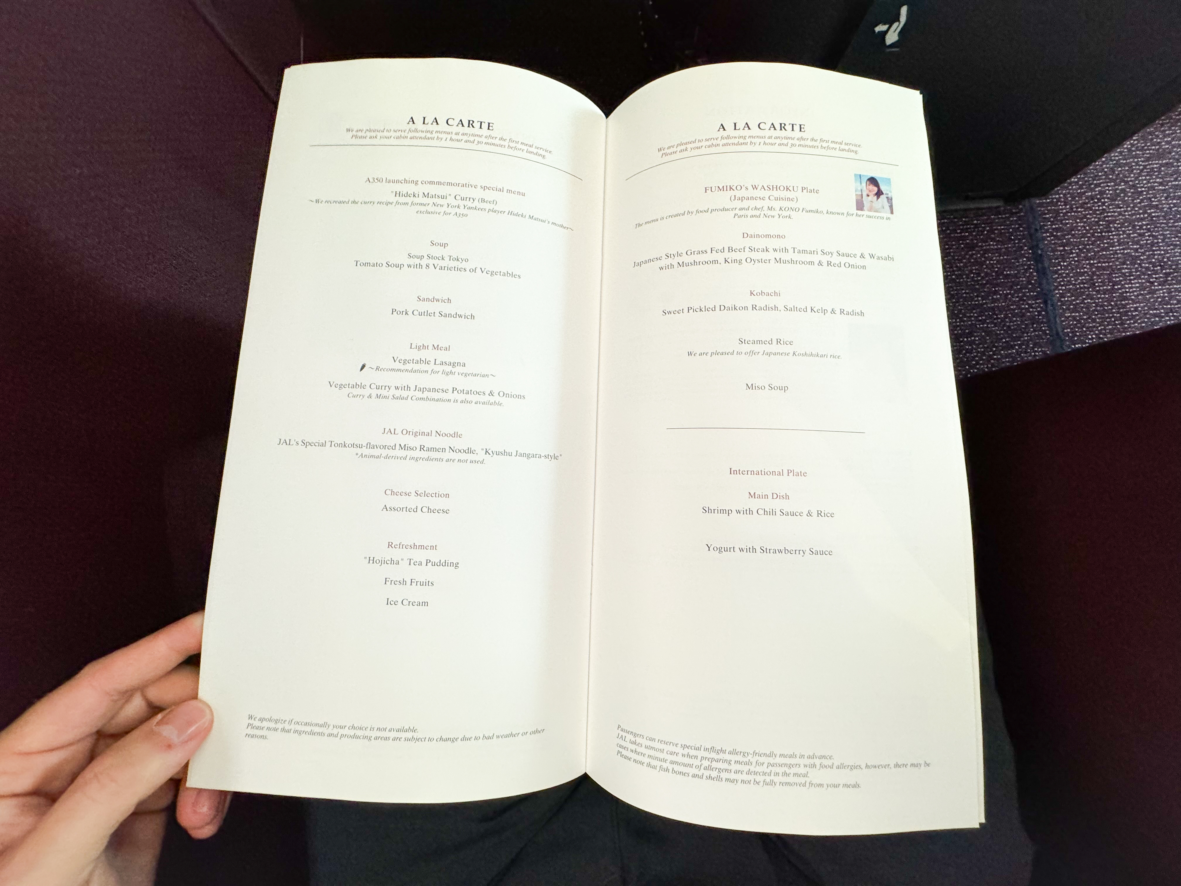 Japan Airlines A350 1000 business a la carte menu Japan Airlines A350 1000 business a la carte menu