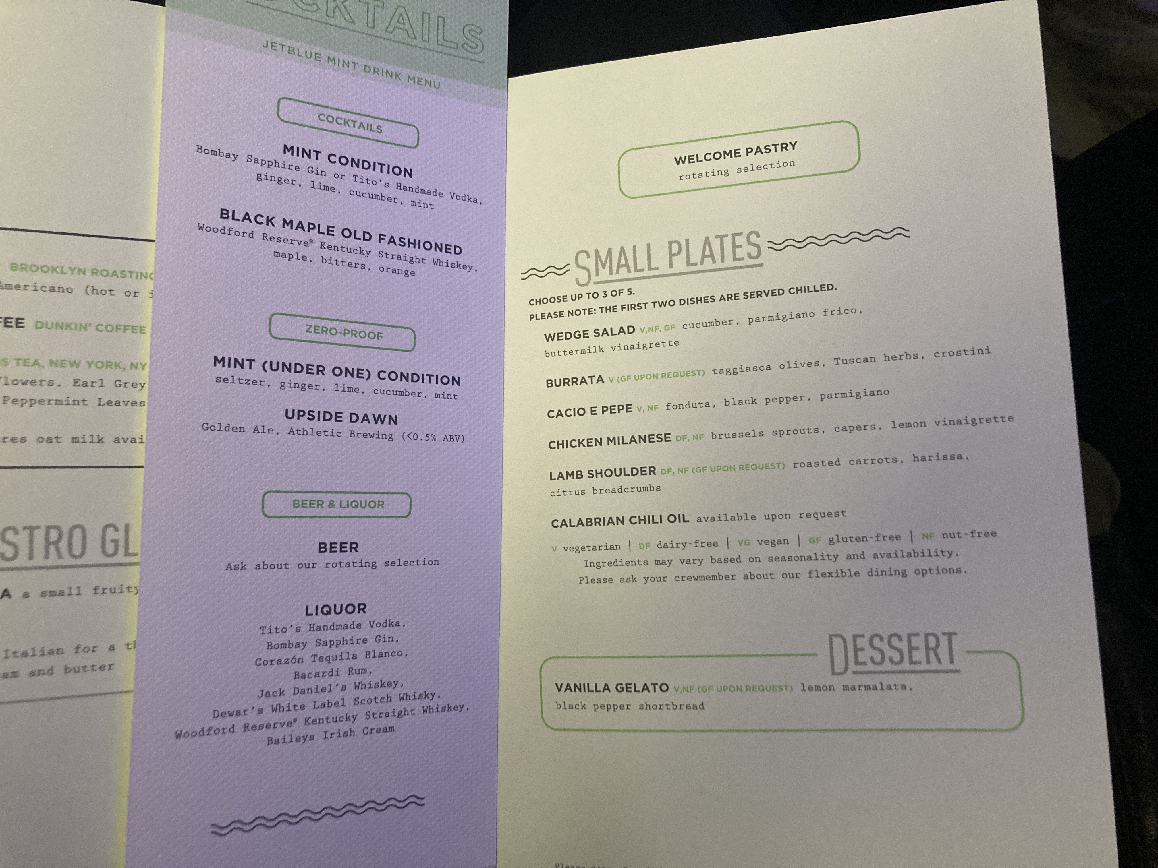 JetBlue Mint A321 menu JetBlue Mint A321 menu