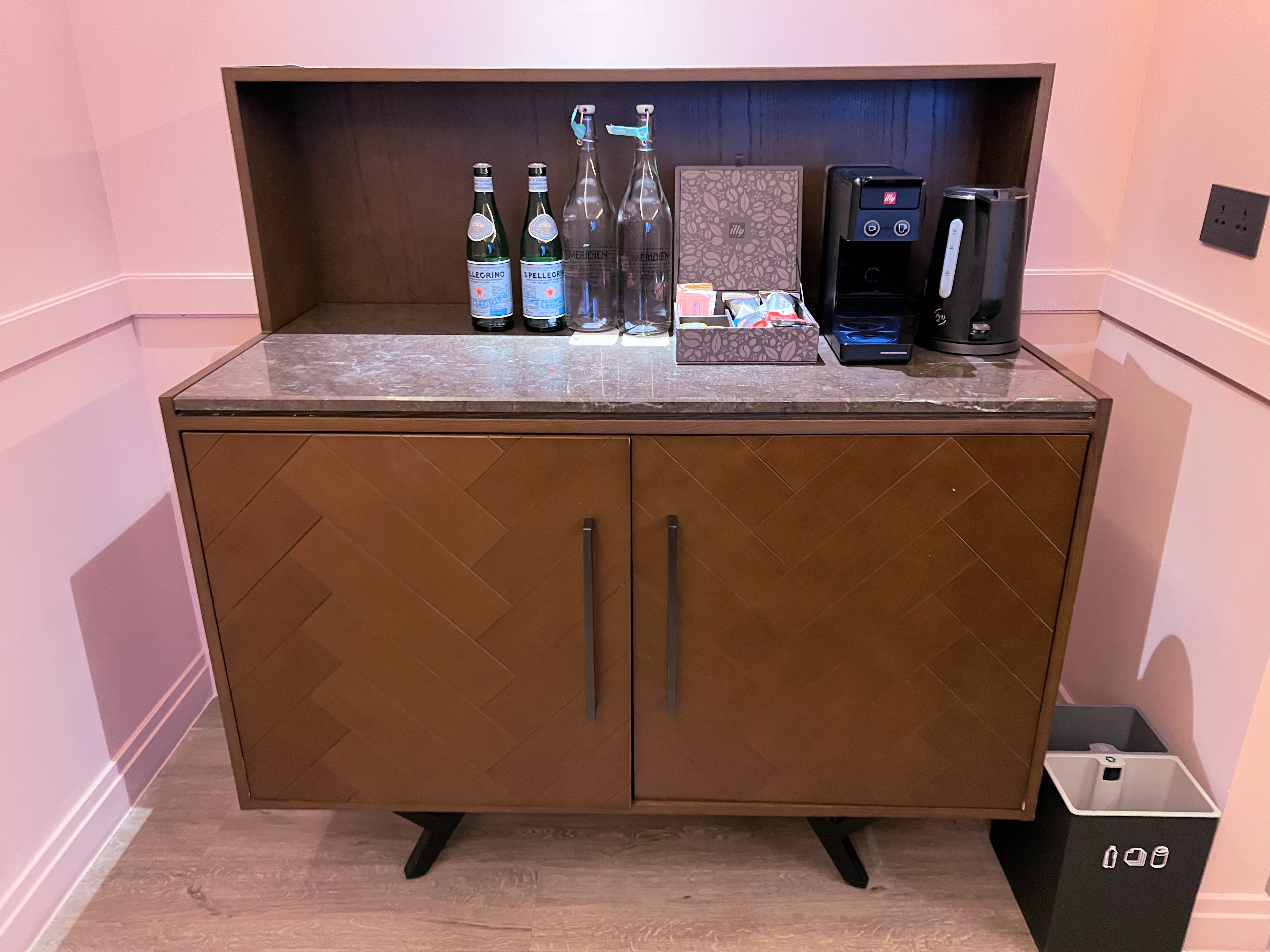 Mini bar and coffee maker at Le Meridien Maldives