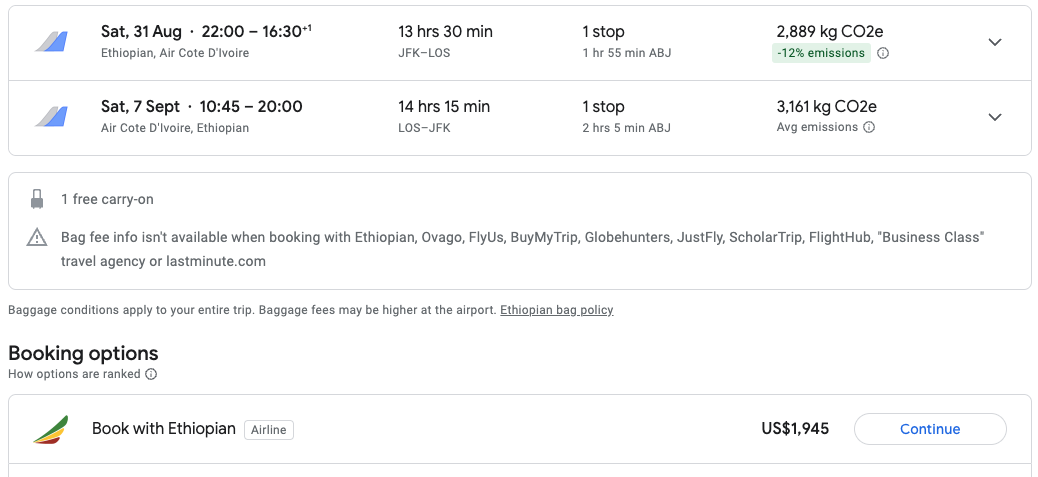 New York to Lagos from 1945 USD