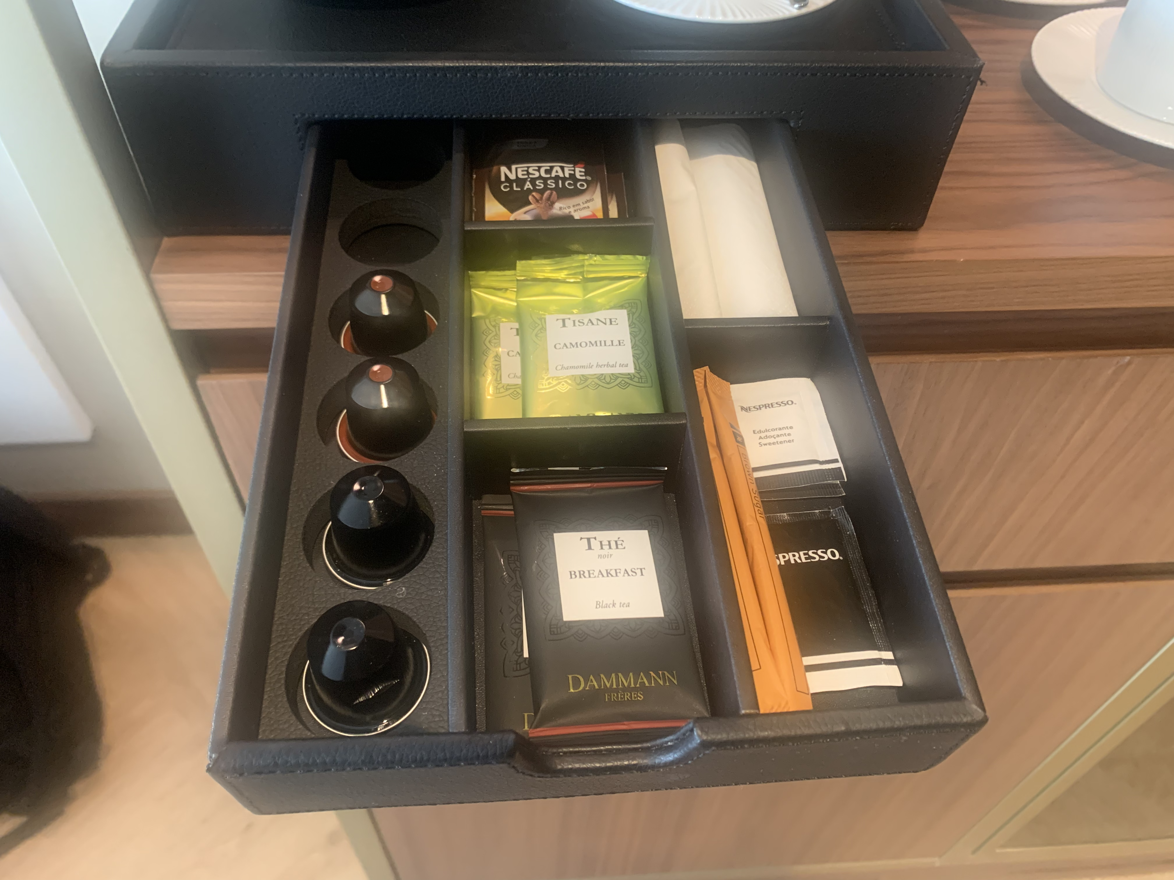 Renaissance Porto Lapa Hotel mini bar coffee tea supplies