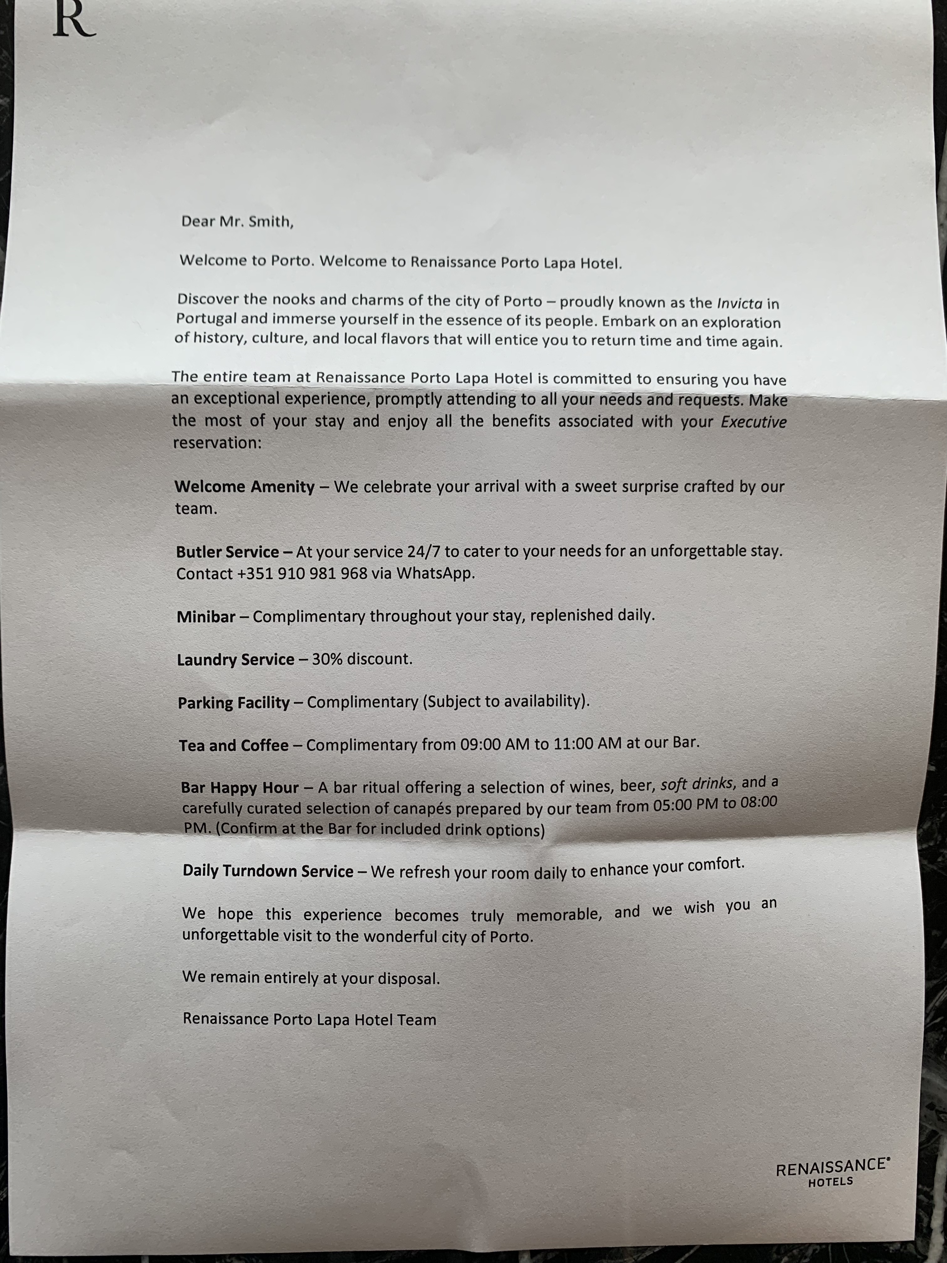 Renaissance Porto Lapa Hotel welcome letter