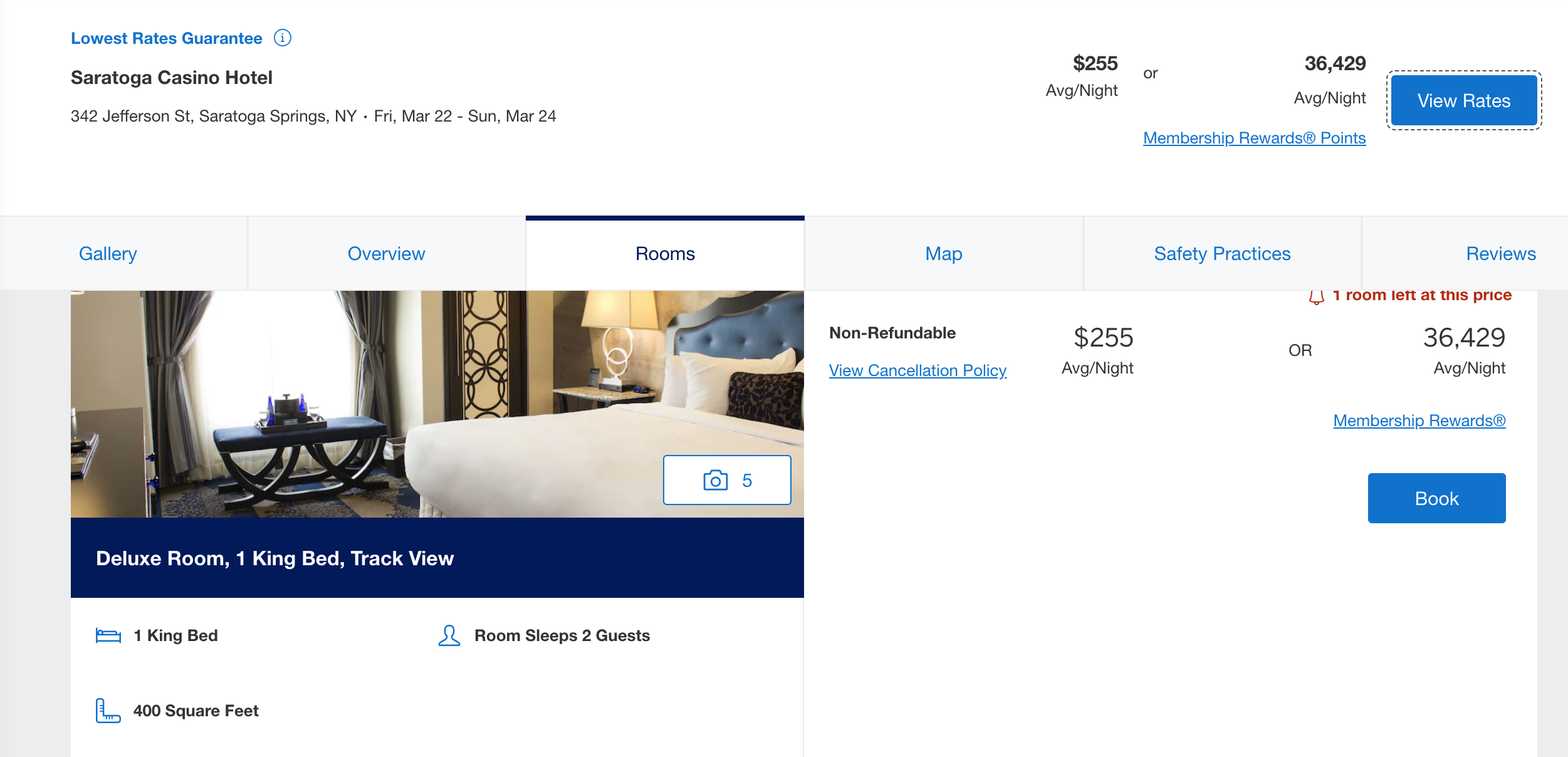 Saratoga Casino booking page