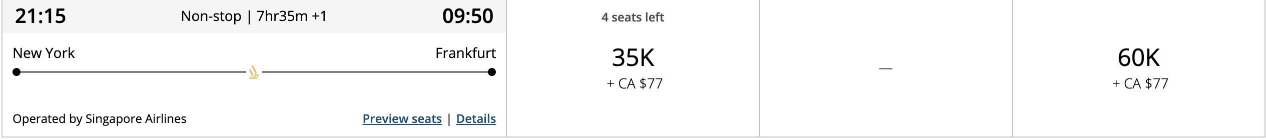 Singapore Airlines JFK FRA Aeroplan Screenshot
