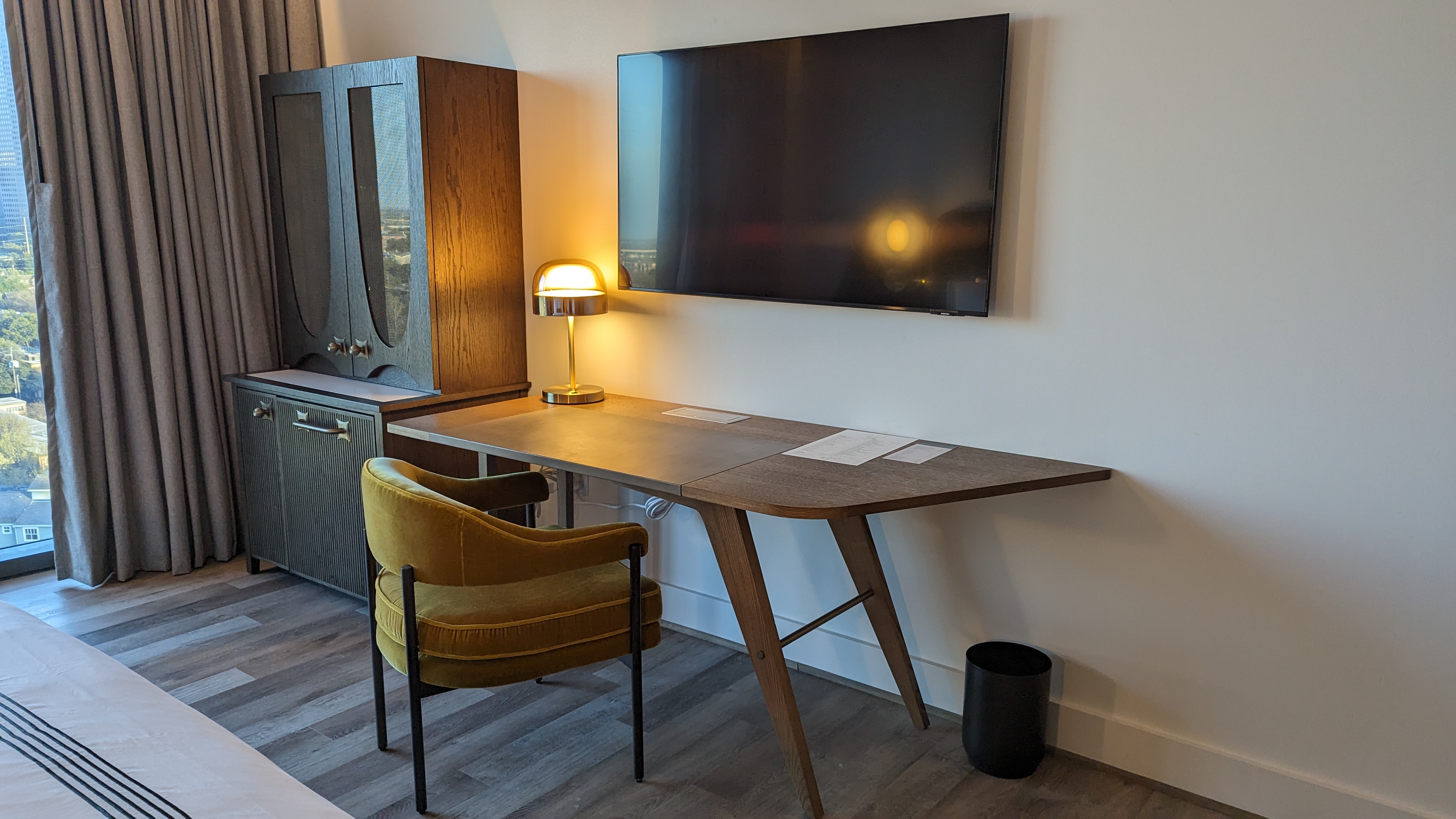 Thompson Houston guestroom bedroom desk and bar Thompson Houston guestroom bedroom desk and bar