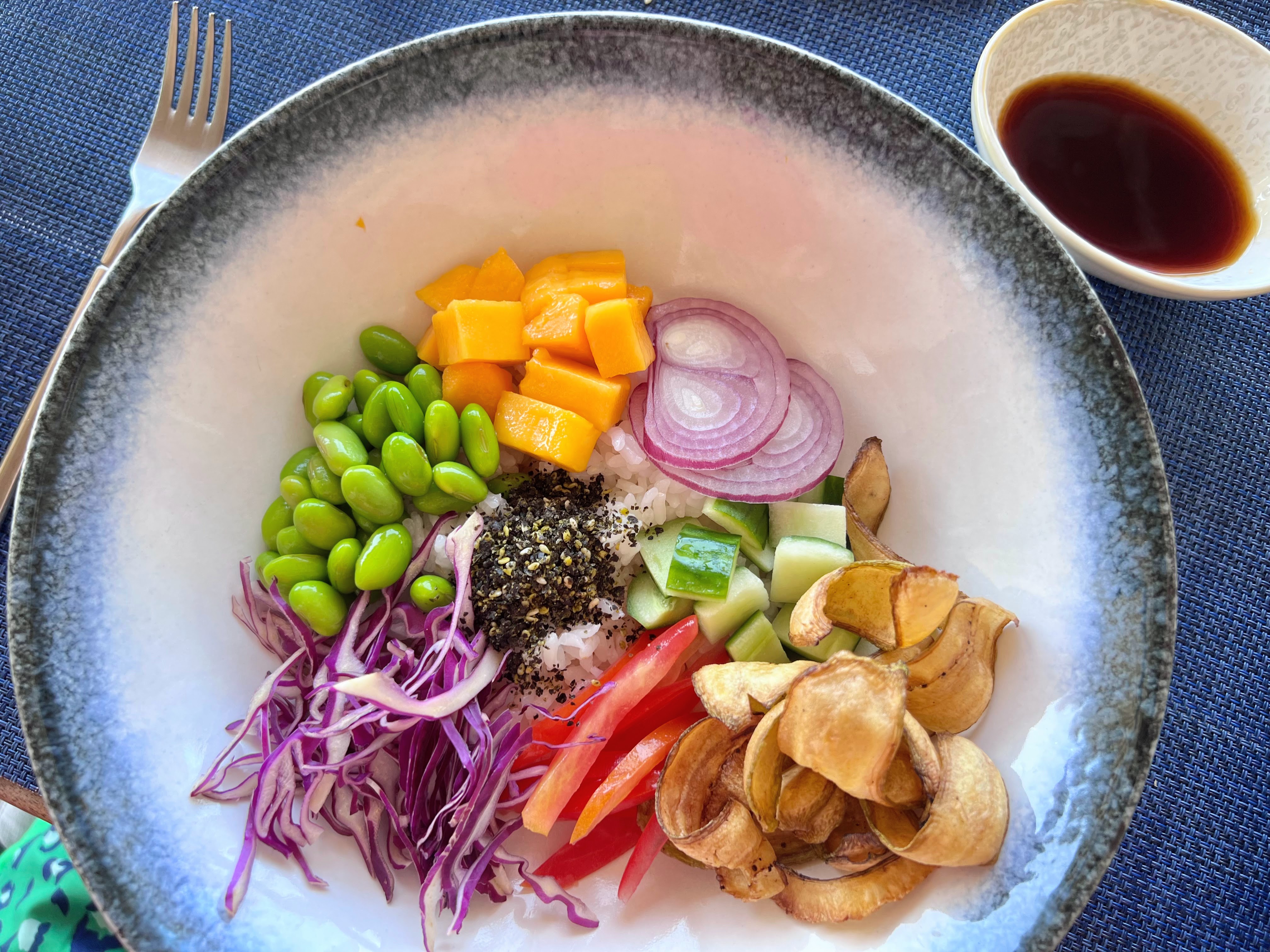 Vegan organic rice bowl at Velaa Bar and grill