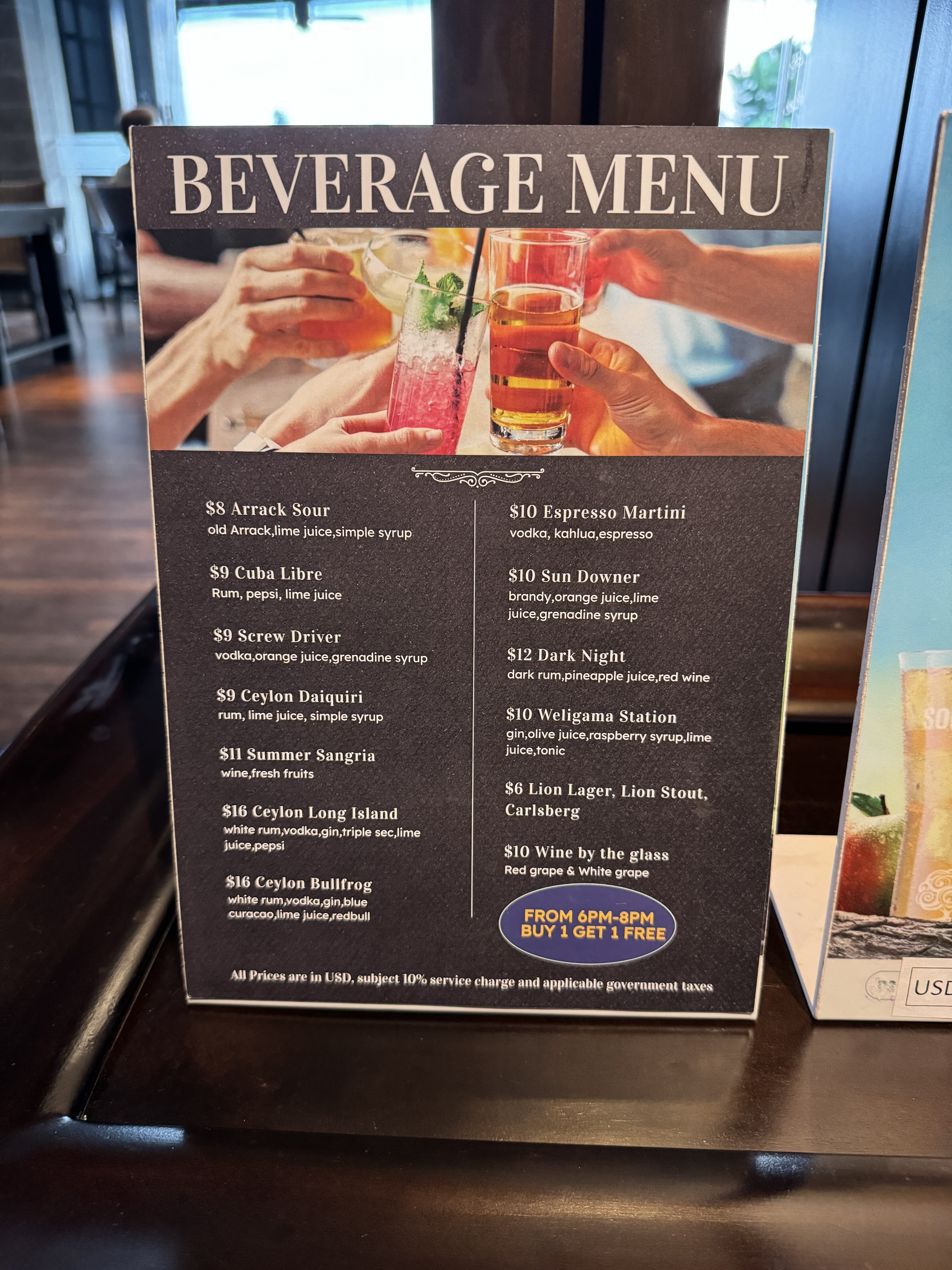 Weligama Bay Marriott Tides drink menu